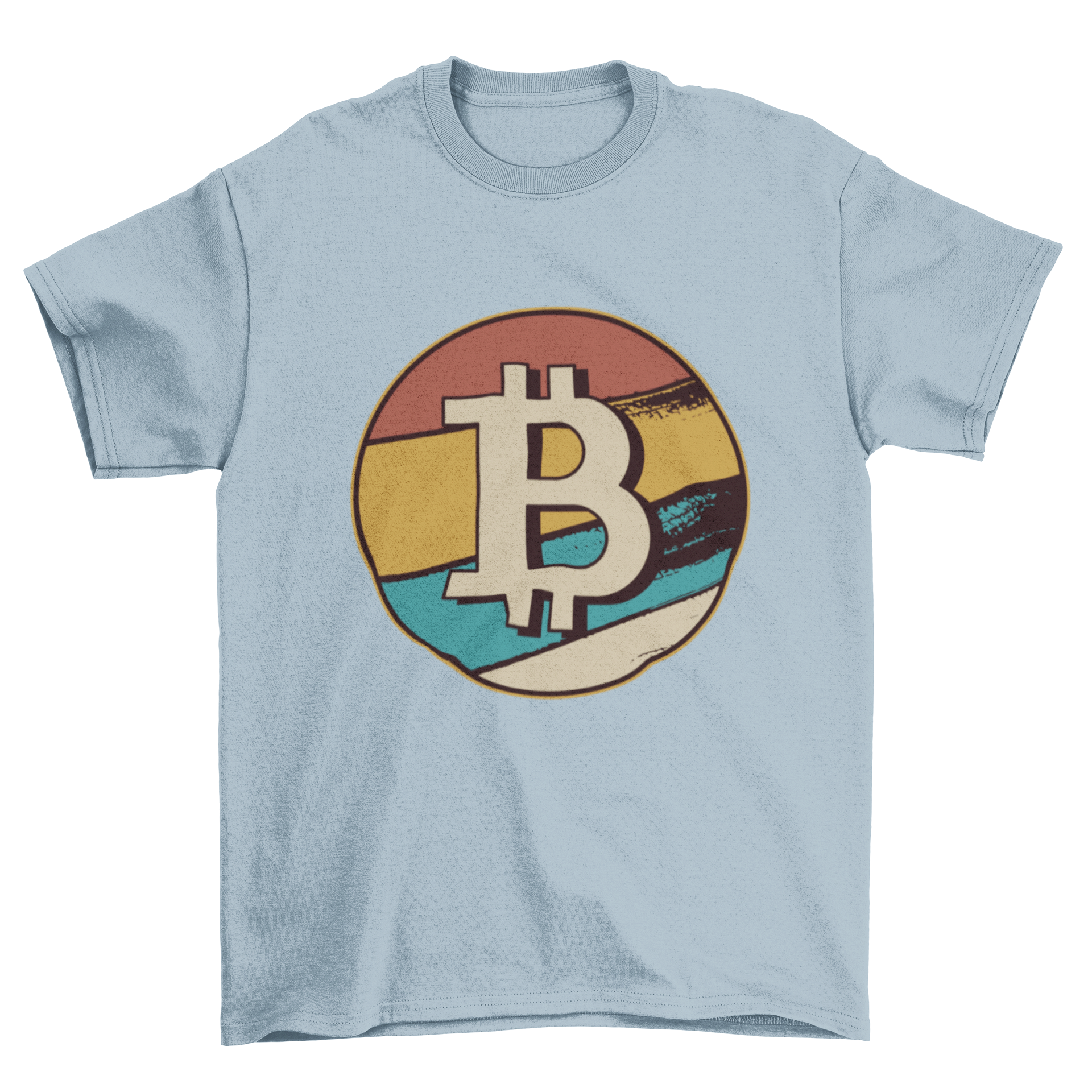 A stylish Bitcoin retro t-shirt featuring the Bitcoin symbol in a vintage design, perfect for cryptocurrency enthusiasts.