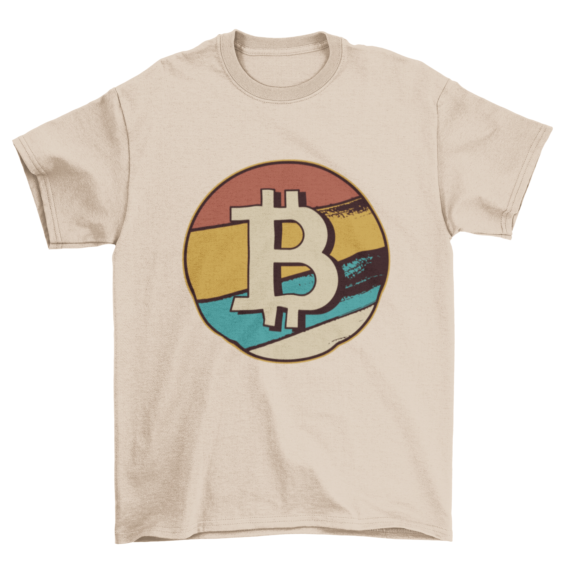 A stylish Bitcoin retro t-shirt featuring the Bitcoin symbol in a vintage design, perfect for cryptocurrency enthusiasts.