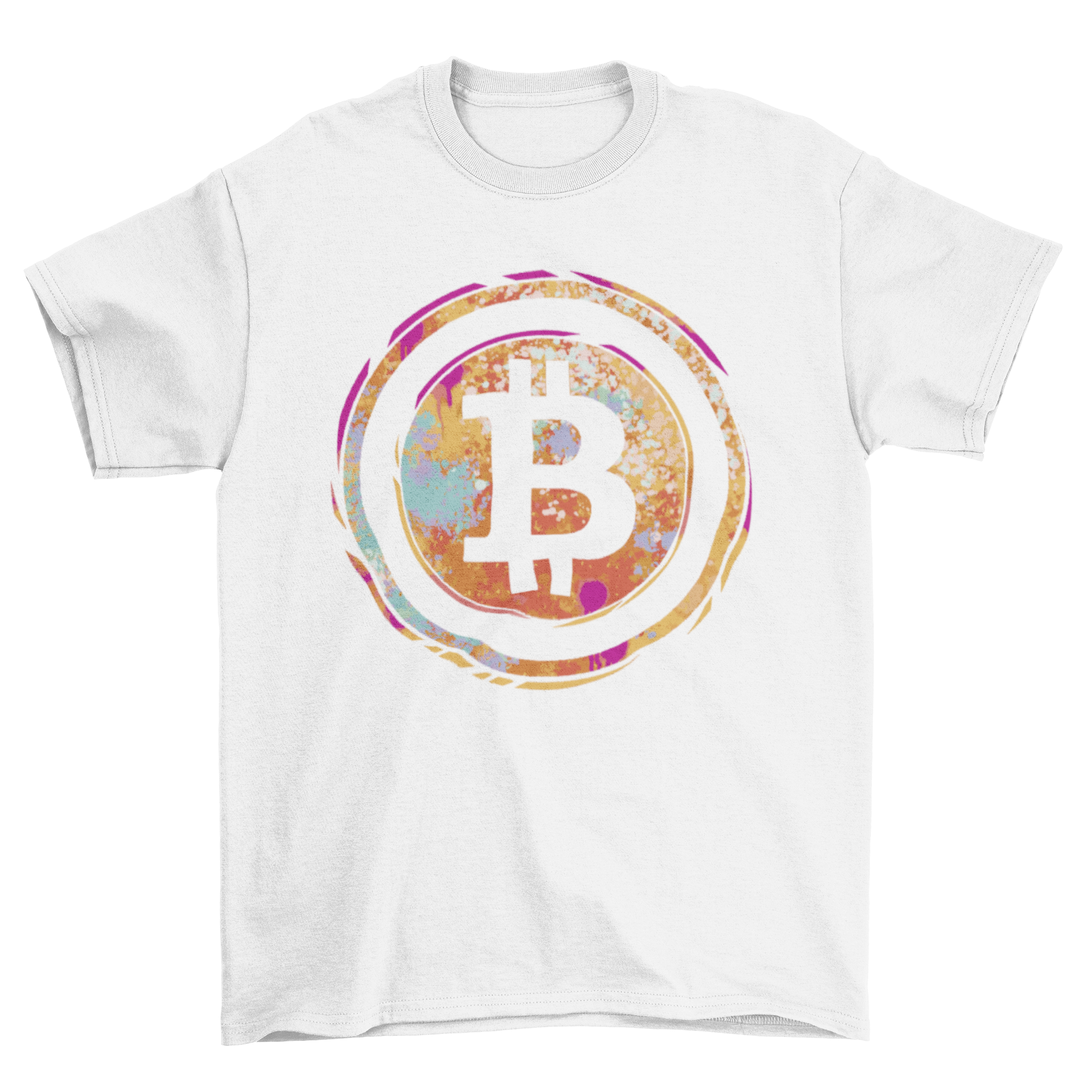 A stylish t-shirt featuring a vibrant watercolor Bitcoin symbol design, perfect for cryptocurrency enthusiasts.