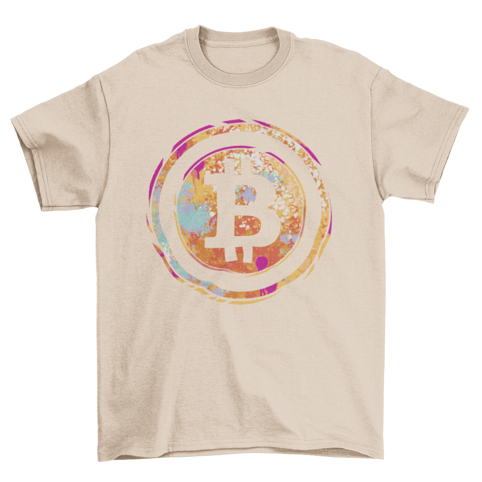 A stylish t-shirt featuring a vibrant watercolor Bitcoin symbol design, perfect for cryptocurrency enthusiasts.