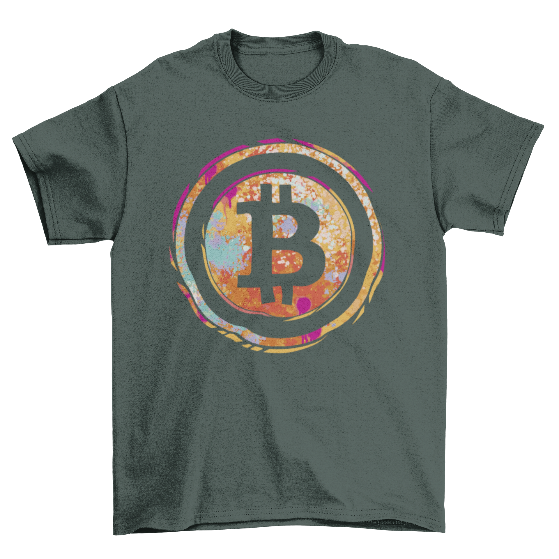 A stylish t-shirt featuring a vibrant watercolor Bitcoin symbol design, perfect for cryptocurrency enthusiasts.