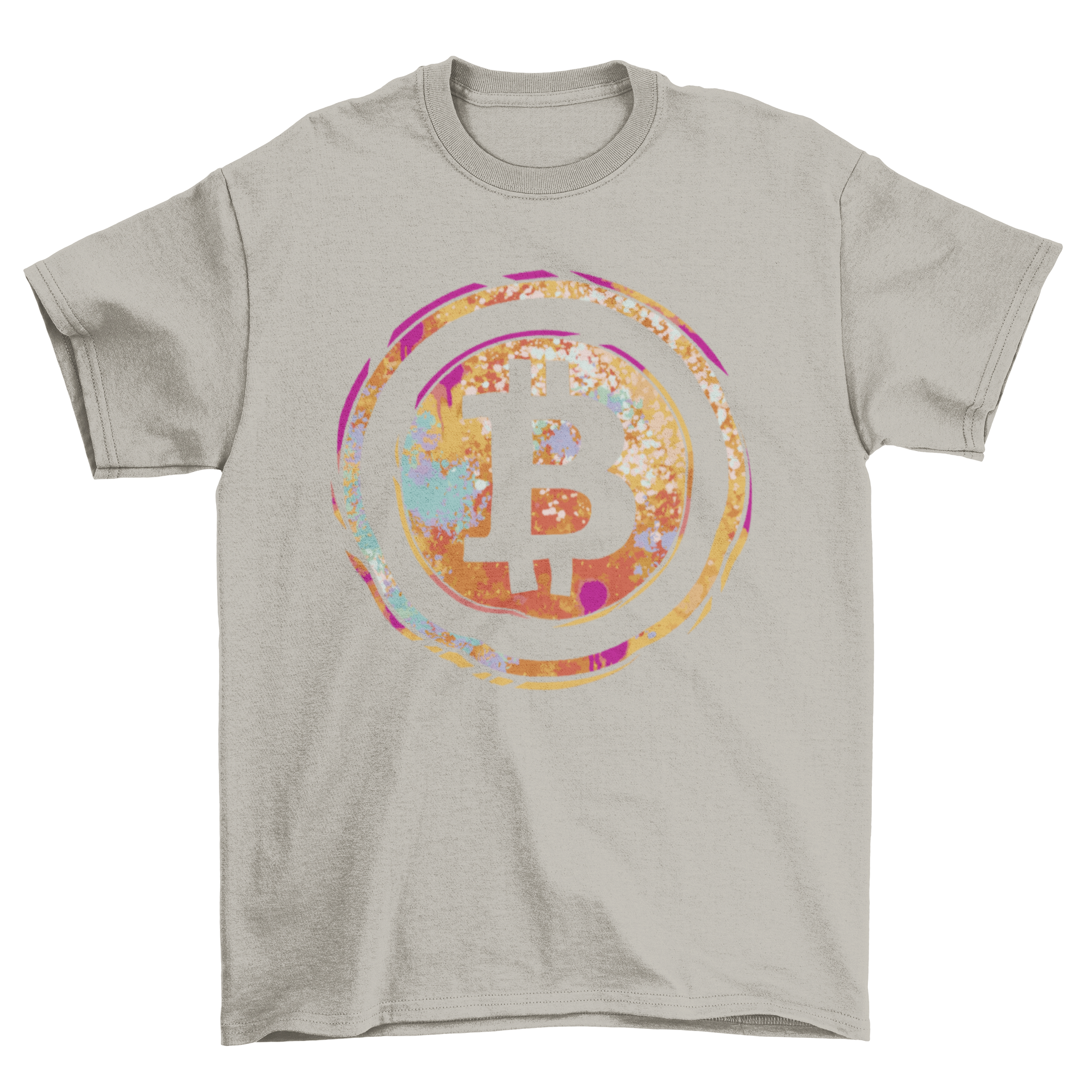 A stylish t-shirt featuring a vibrant watercolor Bitcoin symbol design, perfect for cryptocurrency enthusiasts.