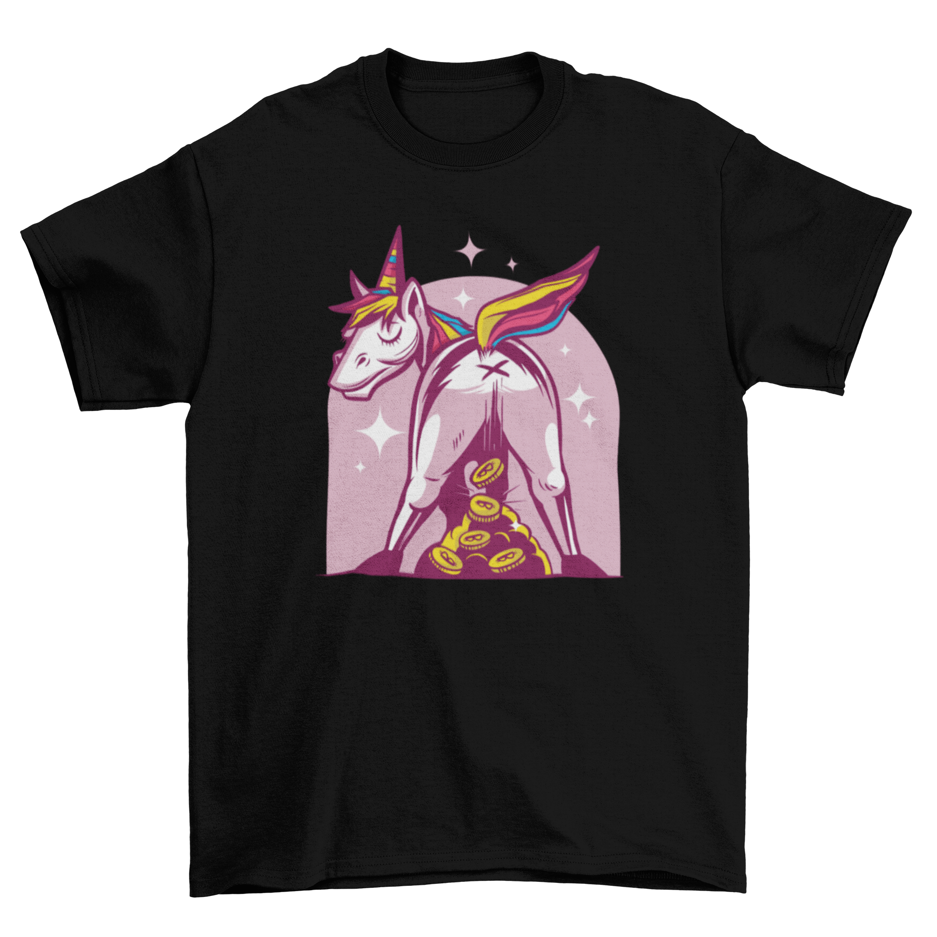 A colorful t-shirt design featuring a whimsical unicorn pooping bitcoins, perfect for cryptocurrency fans.