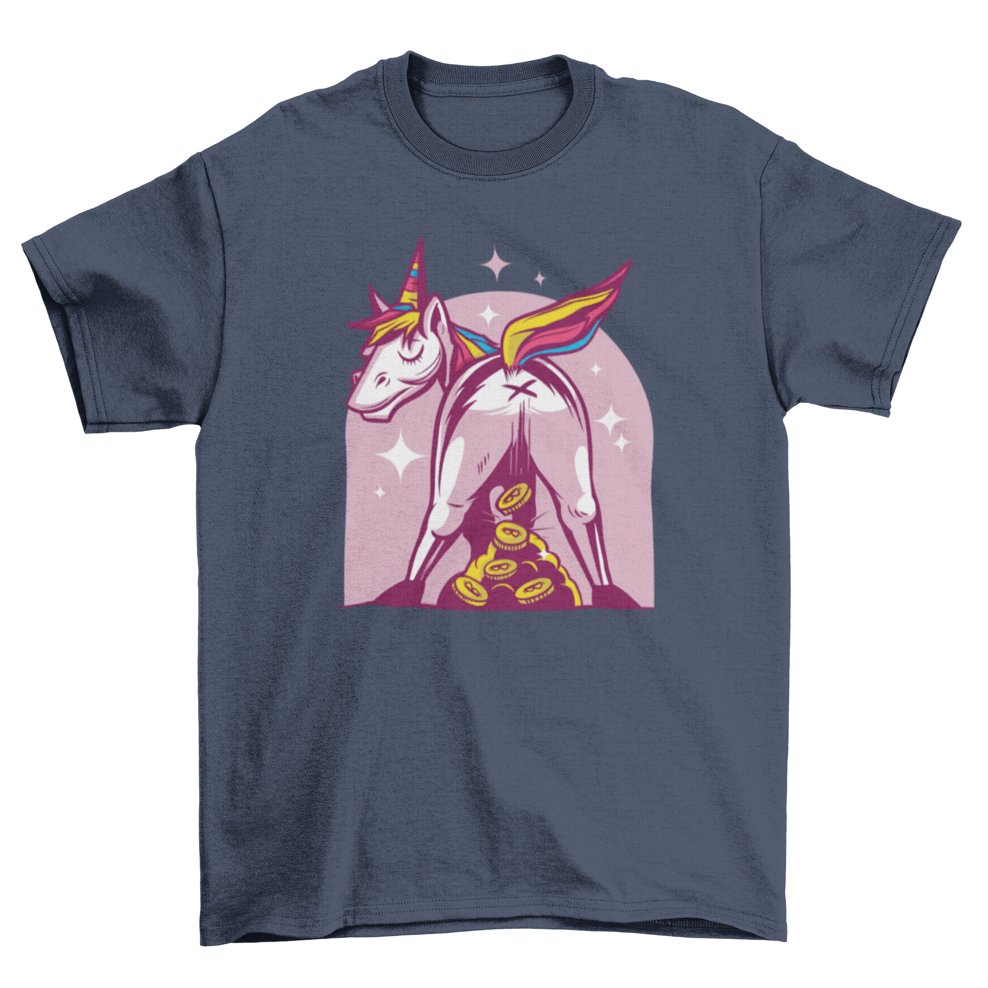 A colorful t-shirt design featuring a whimsical unicorn pooping bitcoins, perfect for cryptocurrency fans.