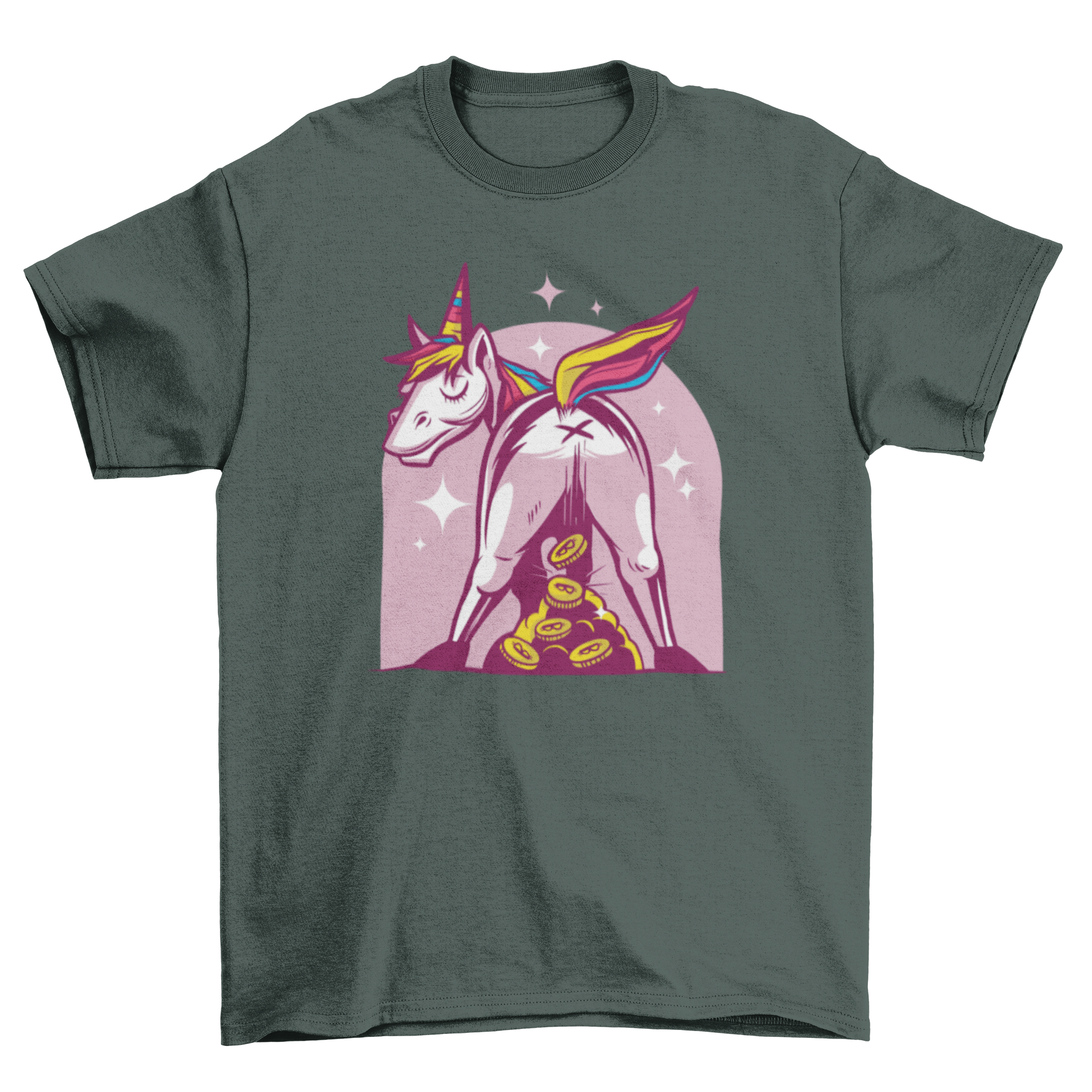 A colorful t-shirt design featuring a whimsical unicorn pooping bitcoins, perfect for cryptocurrency fans.