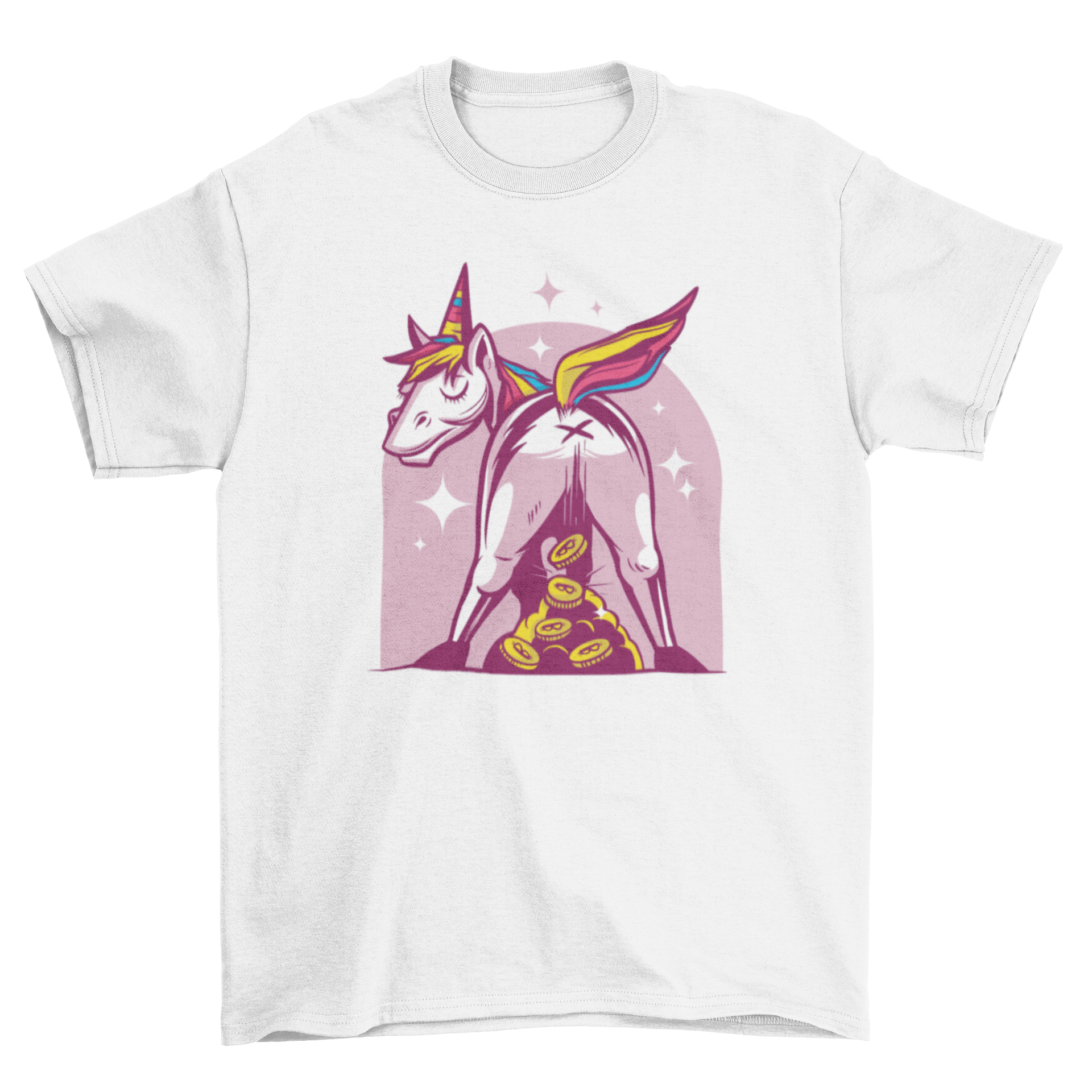 A colorful t-shirt design featuring a whimsical unicorn pooping bitcoins, perfect for cryptocurrency fans.