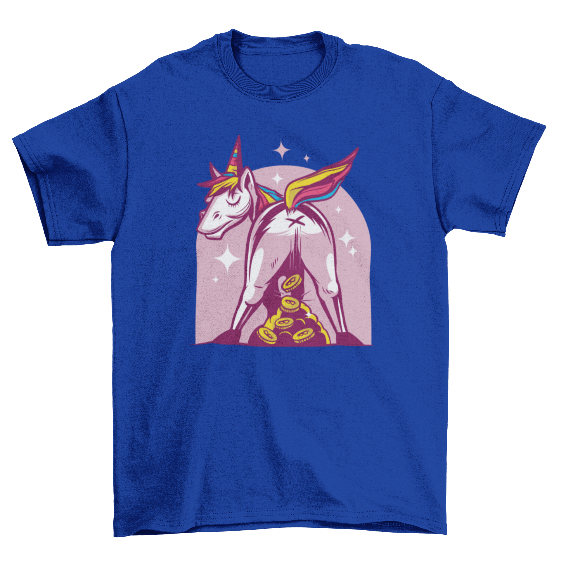 A colorful t-shirt design featuring a whimsical unicorn pooping bitcoins, perfect for cryptocurrency fans.