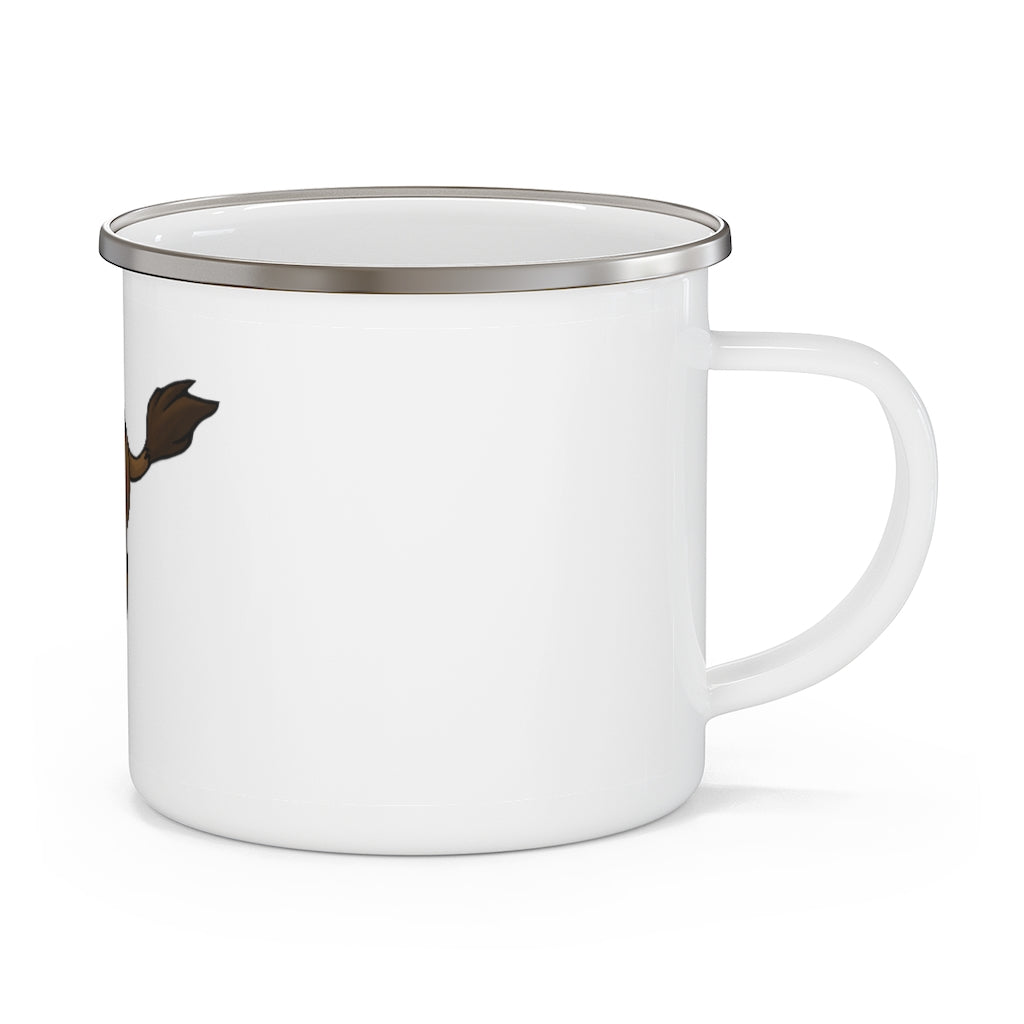 Bitox Enamel Camping Mug with a C-handle, featuring a personalized design and a durable stainless steel body, perfect for outdoor use.