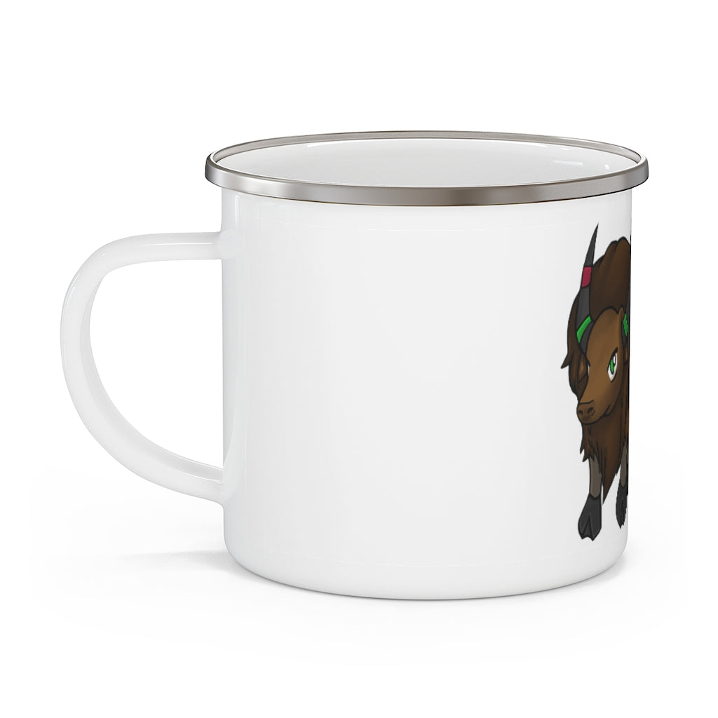 Bitox Enamel Camping Mug with a C-handle, featuring a personalized design and a durable stainless steel body, perfect for outdoor use.