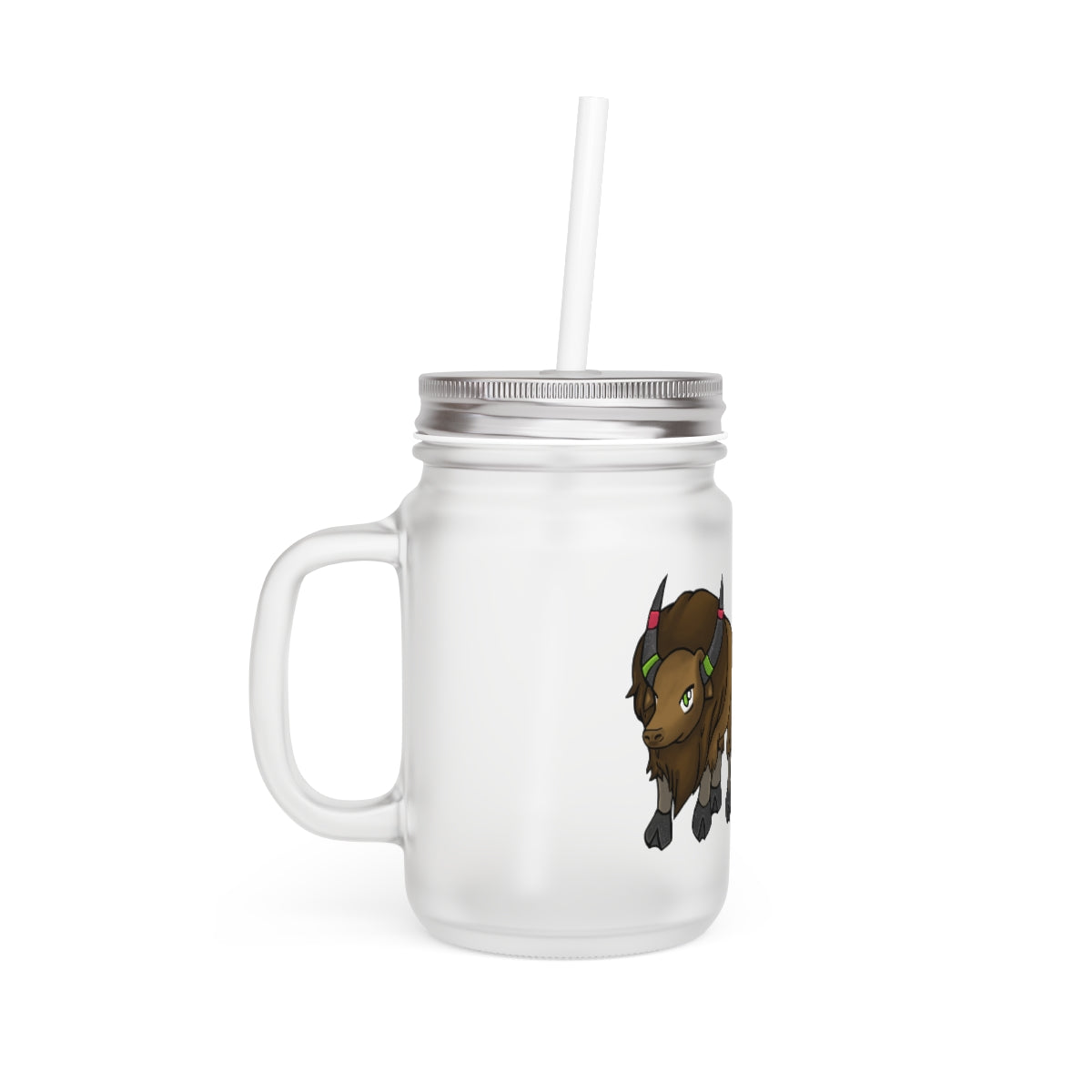 A stylish Bitox Mason Jar made of frosted glass, featuring a straw and lid, perfect for personalized drinks.