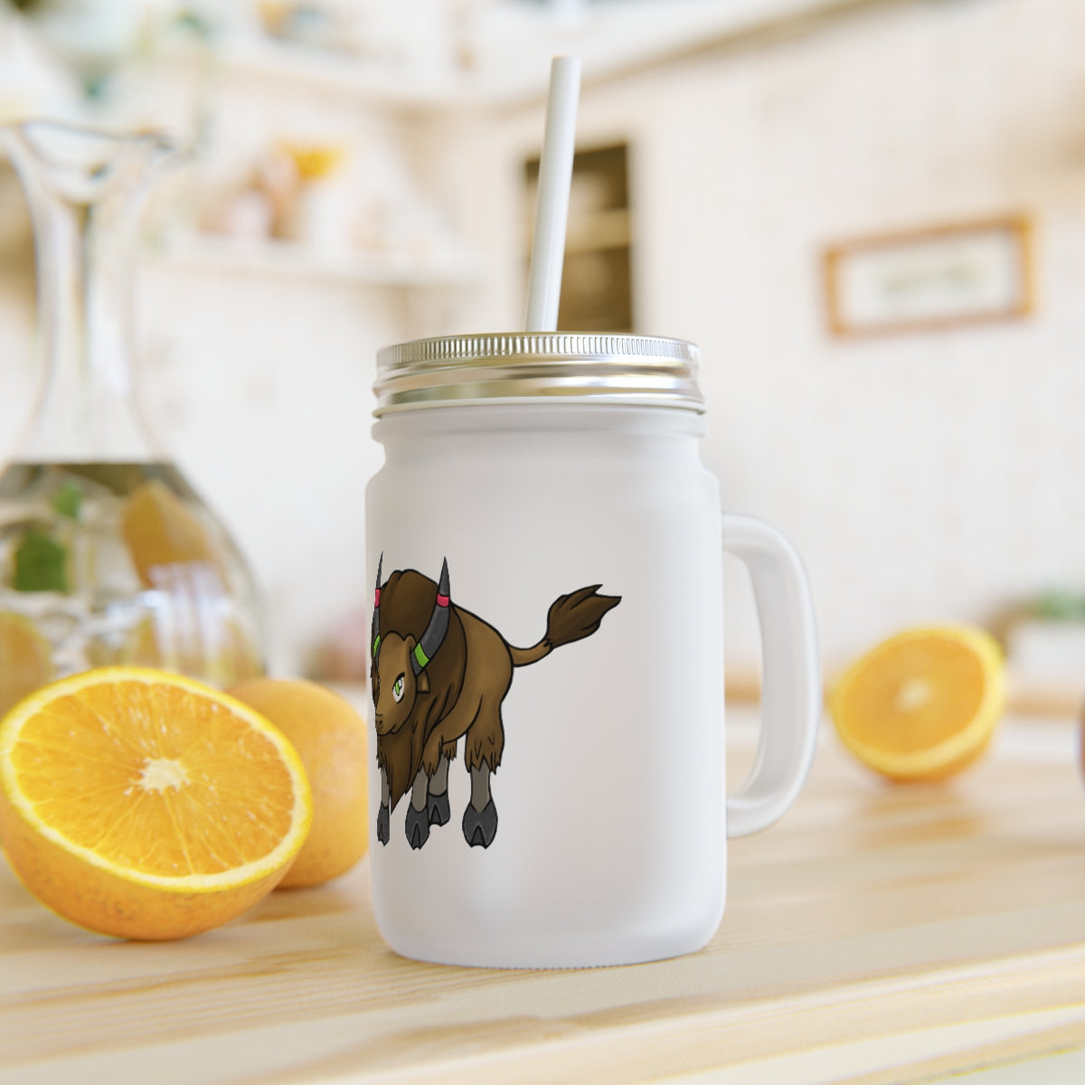 A stylish Bitox Mason Jar made of frosted glass, featuring a straw and lid, perfect for personalized drinks.