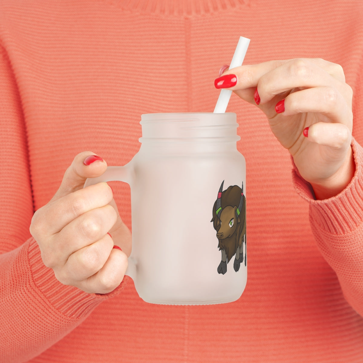 A stylish Bitox Mason Jar made of frosted glass, featuring a straw and lid, perfect for personalized drinks.