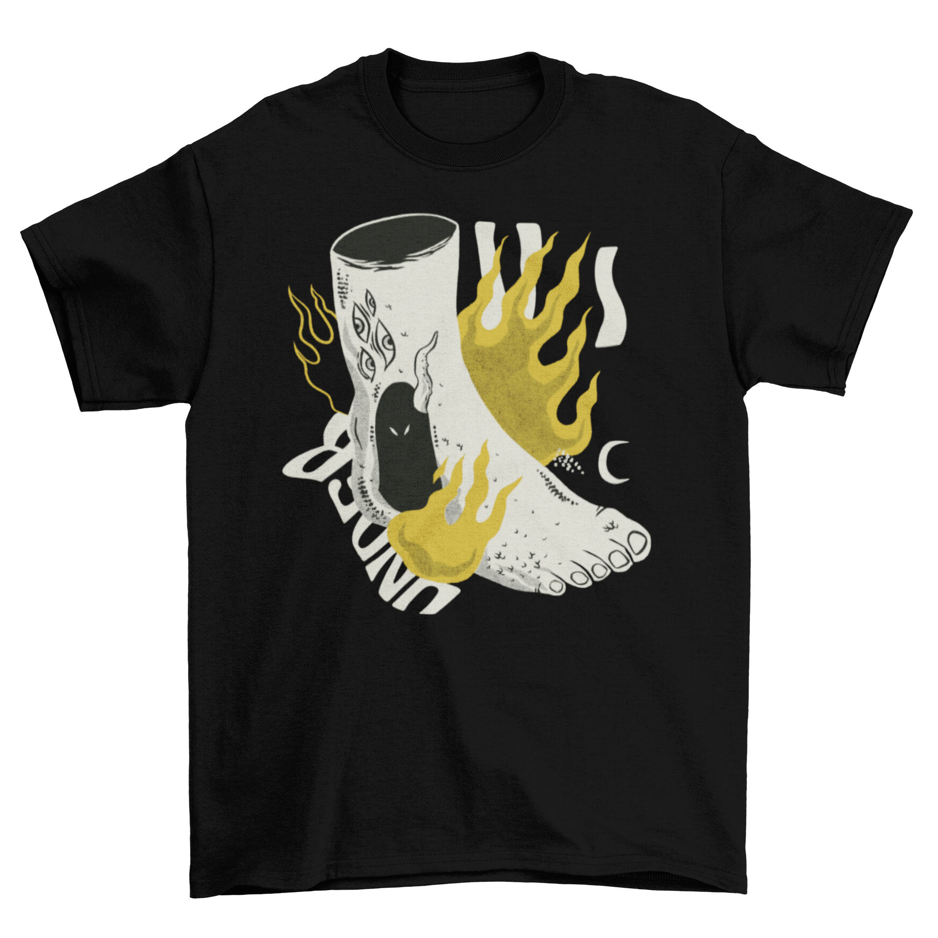 Bizarre Body Foot on Fire T-Shirt featuring a flaming foot design surrounded by eyes, showcasing a unique and artistic style.