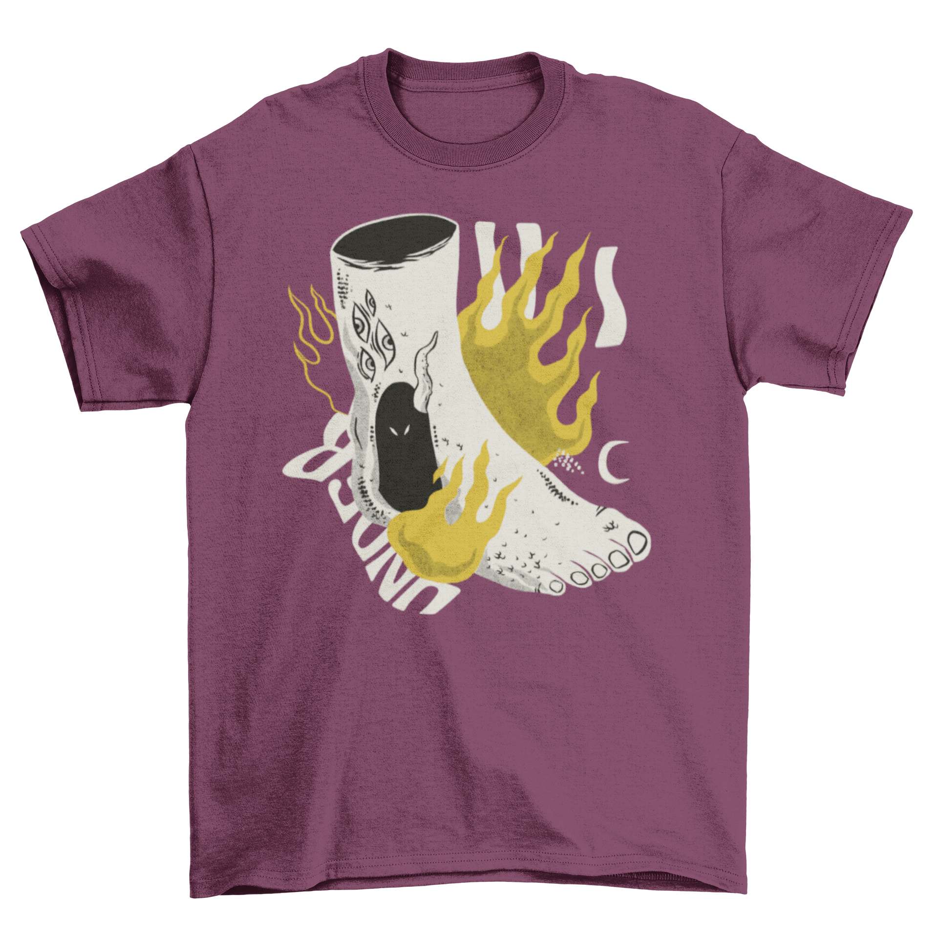 Bizarre Body Foot on Fire T-Shirt featuring a flaming foot design surrounded by eyes, showcasing a unique and artistic style.