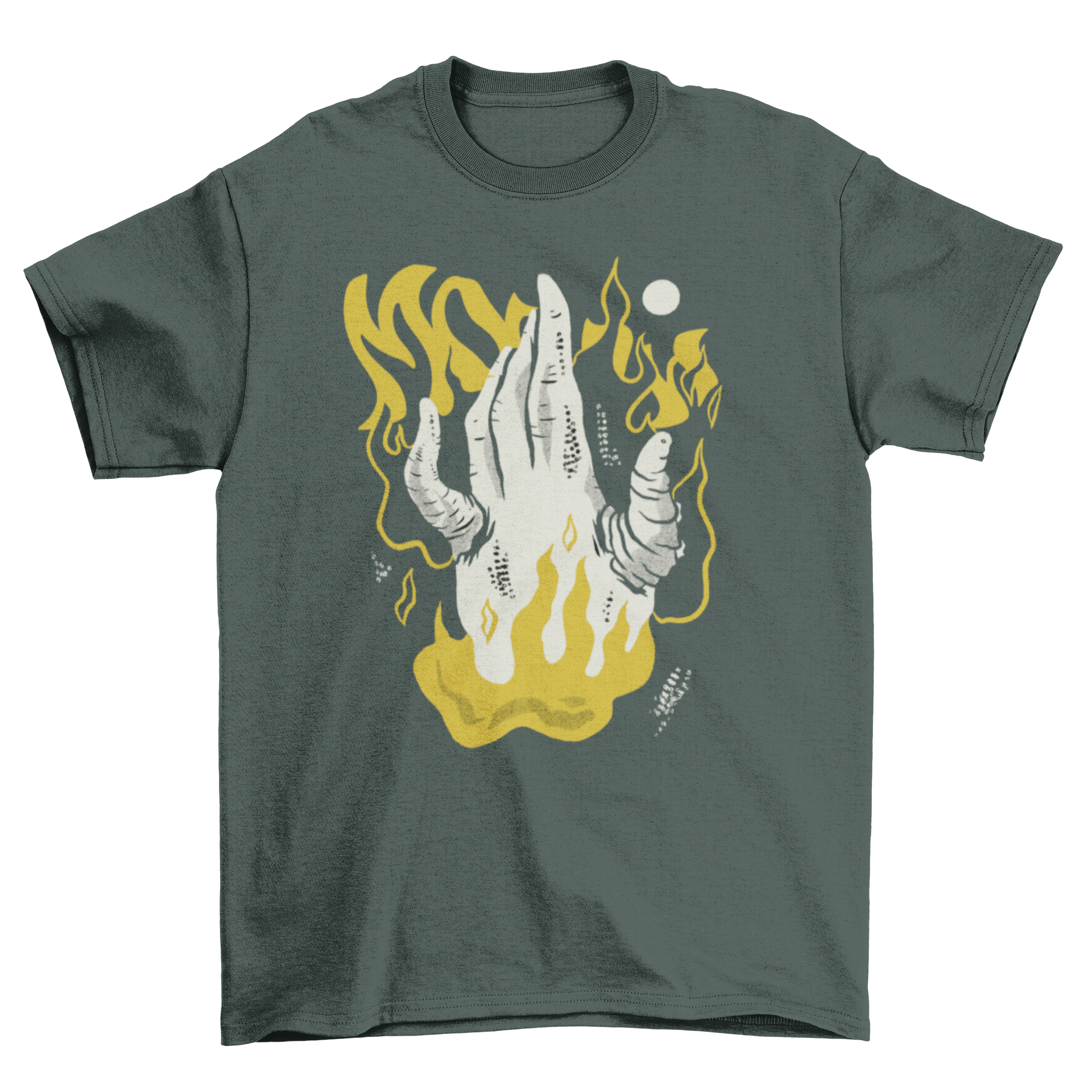 Bizarre Body Human Hand T-Shirt featuring a hand design surrounded by flames, showcasing a unique and artistic graphic.