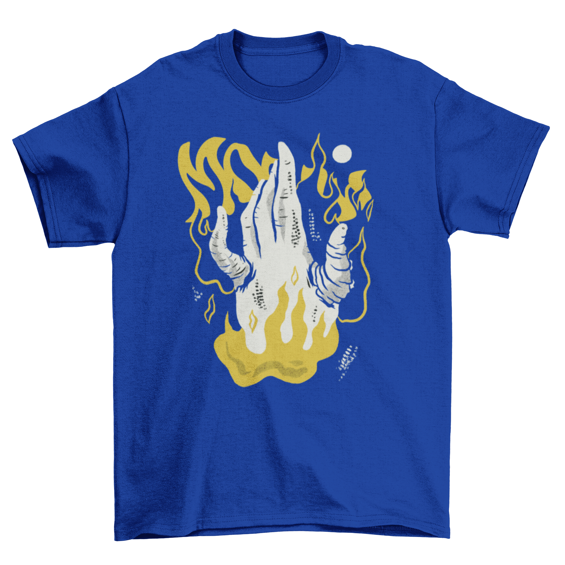 Bizarre Body Human Hand T-Shirt featuring a hand design surrounded by flames, showcasing a unique and artistic graphic.