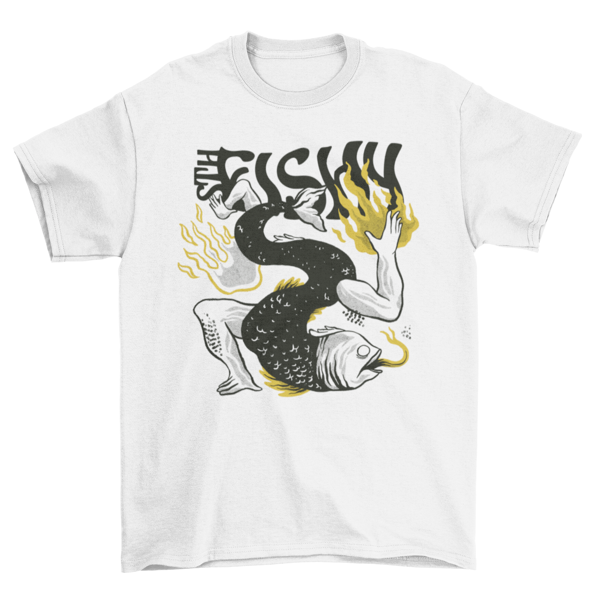 A unique t-shirt featuring a bizarre fish with human body parts, showcasing vibrant colors and intricate details.