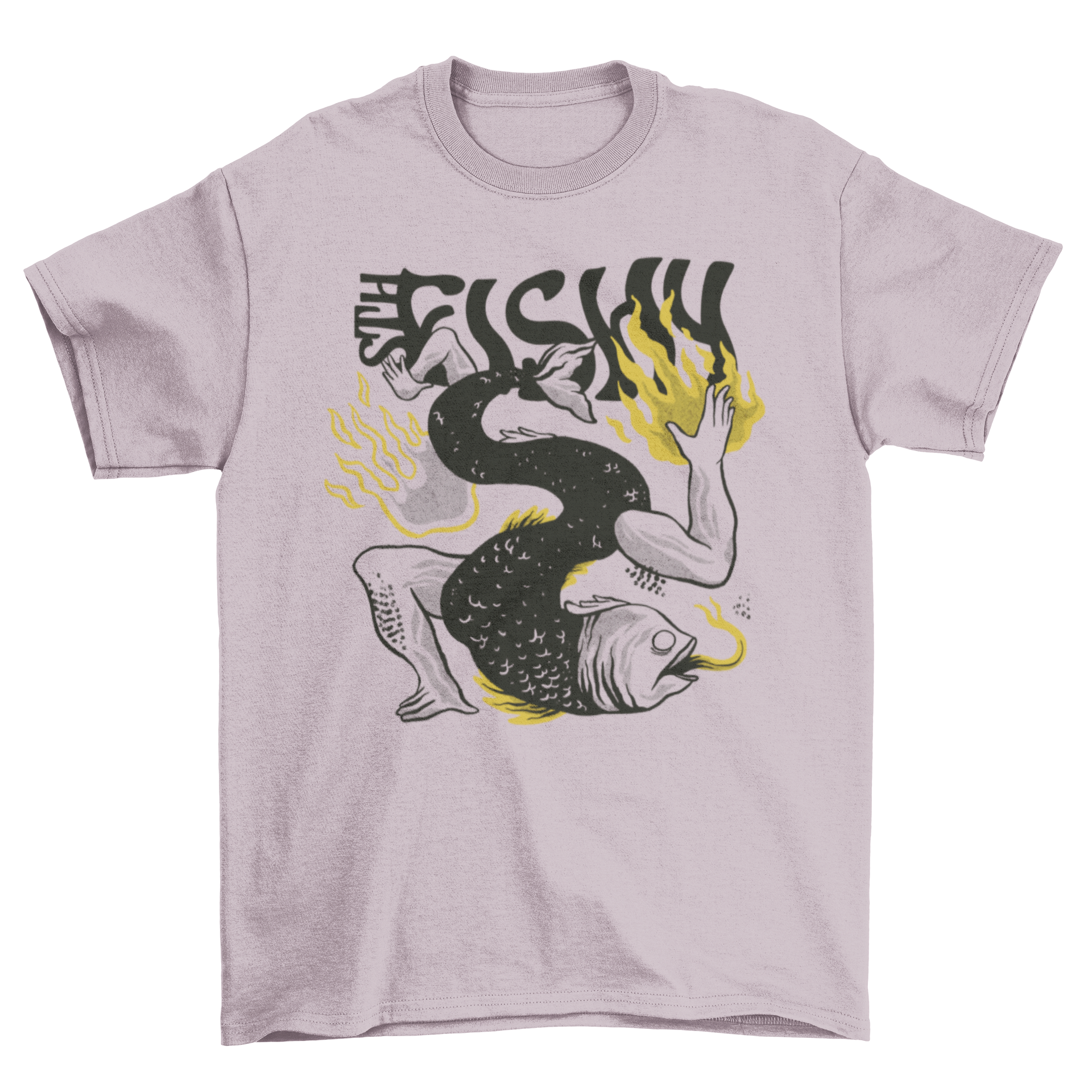 A unique t-shirt featuring a bizarre fish with human body parts, showcasing vibrant colors and intricate details.