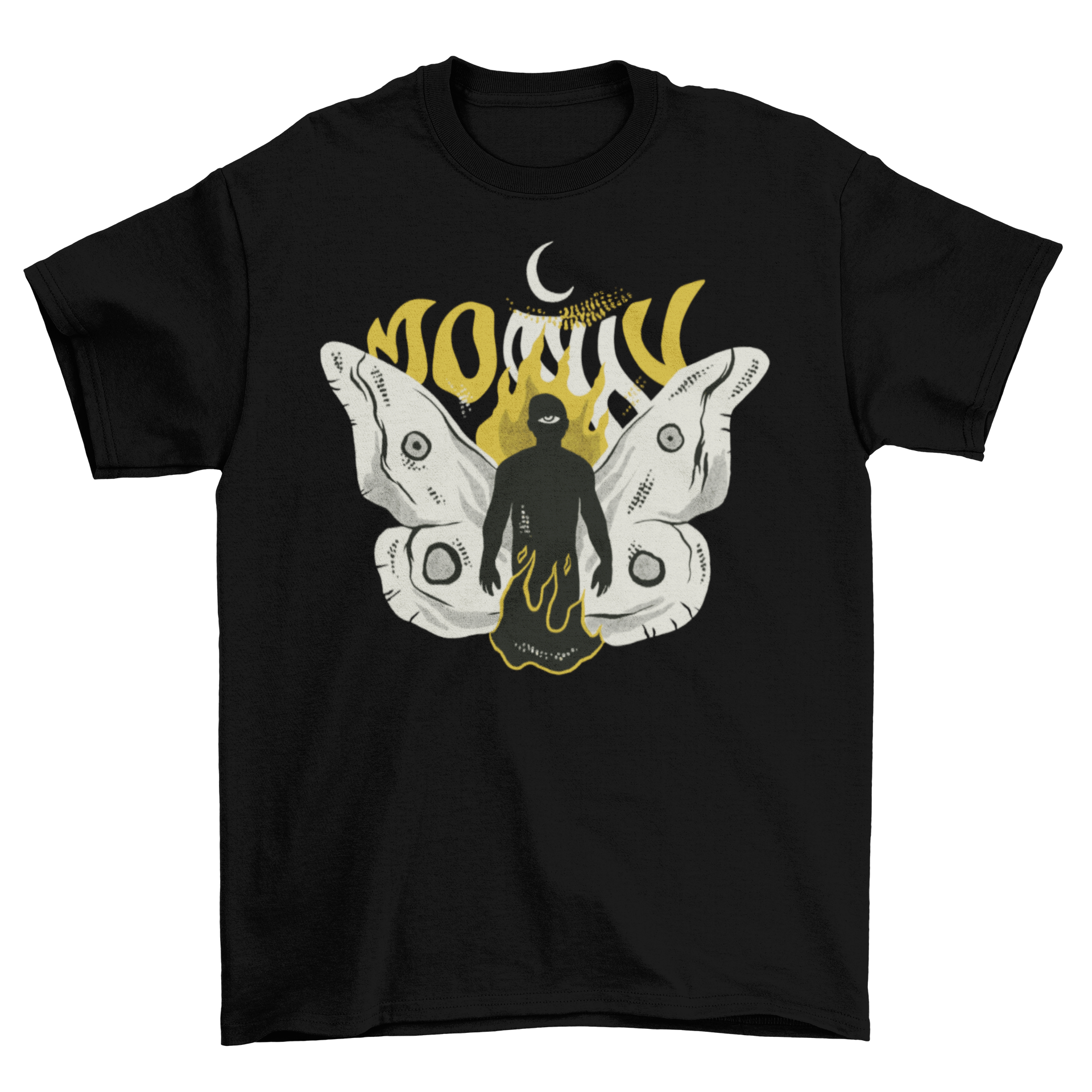 Bizarre t-shirt featuring a half human, half moth body design, showcasing intricate details and vibrant colors.