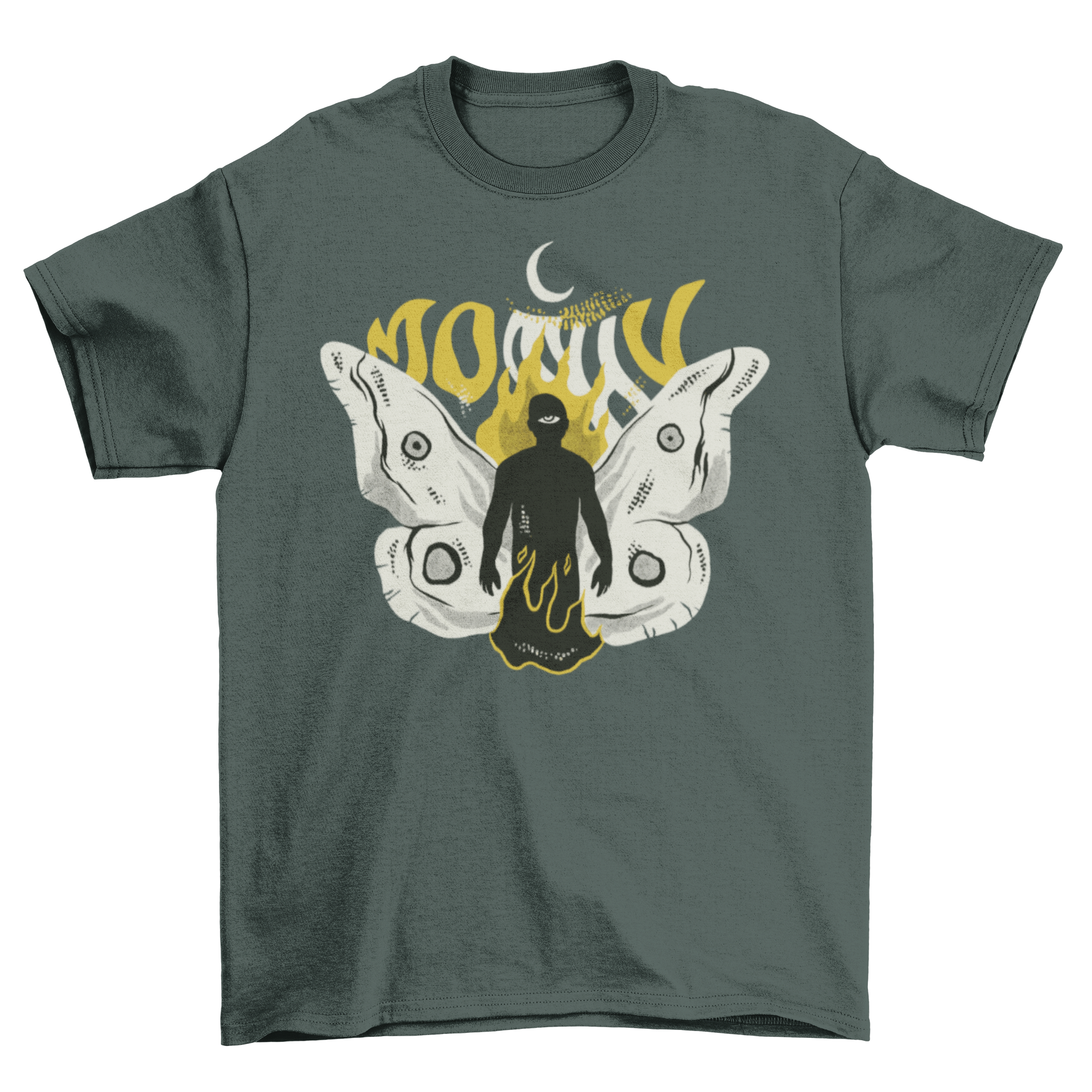 Bizarre t-shirt featuring a half human, half moth body design, showcasing intricate details and vibrant colors.