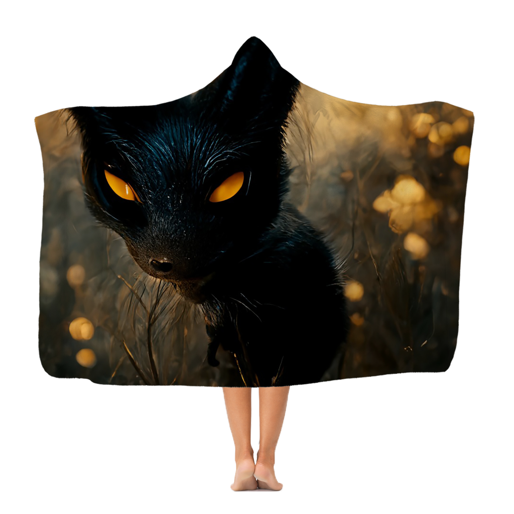 Black and orange kitty cat hooded blanket, featuring a playful design and soft fleece fabric, perfect for adults and youth.