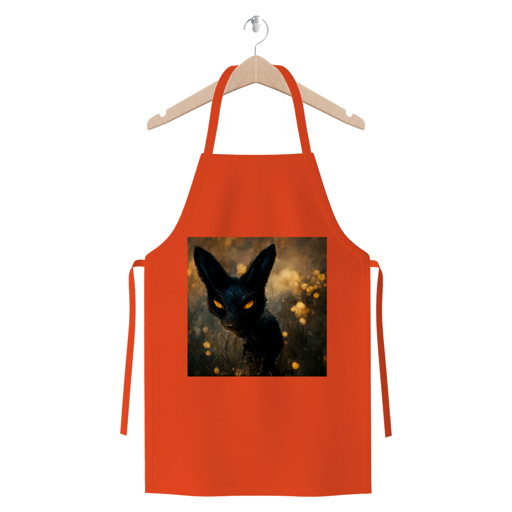 Black and orange kitty cat premium jersey apron made from heavyweight cotton, featuring self-fabric ties and a playful cat design.