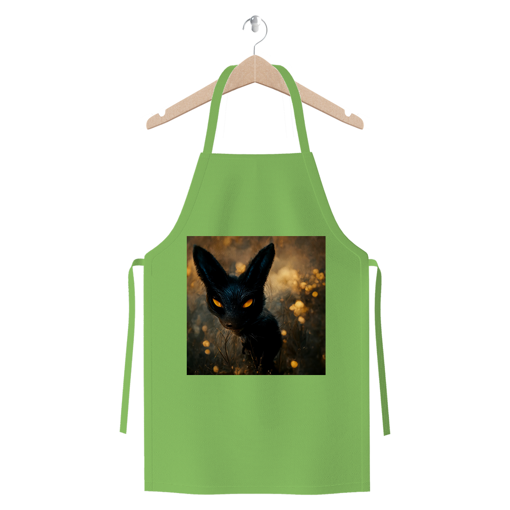 Black and orange kitty cat premium jersey apron made from heavyweight cotton, featuring self-fabric ties and a playful cat design.