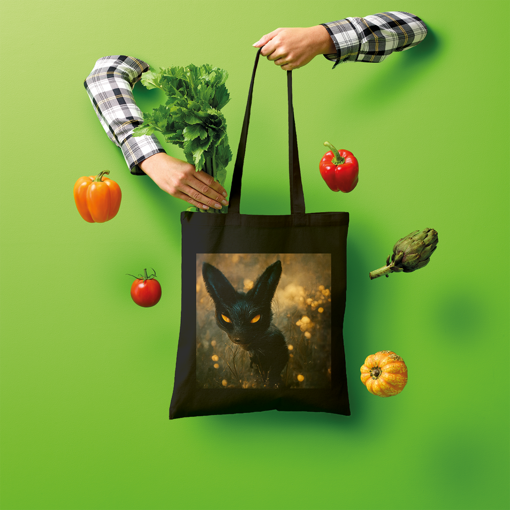 Black and orange kitty cat design tote bag made of 100% cotton, perfect for shopping and eco-friendly use.