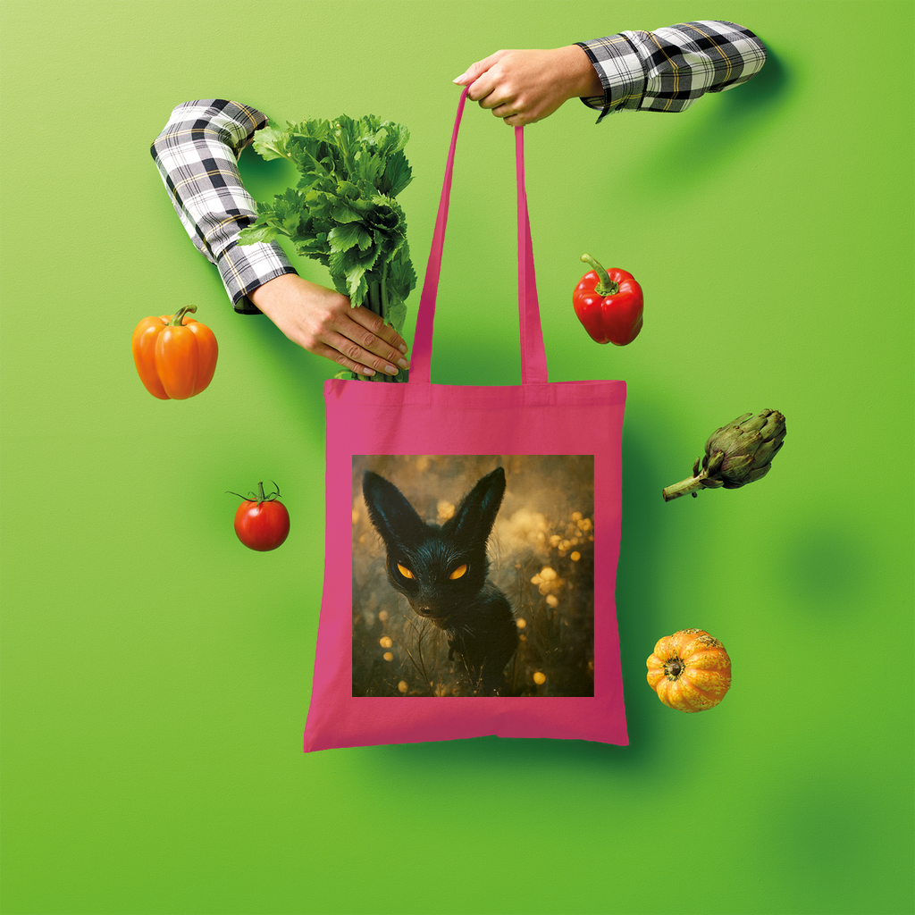 Black and orange kitty cat design tote bag made of 100% cotton, perfect for shopping and eco-friendly use.