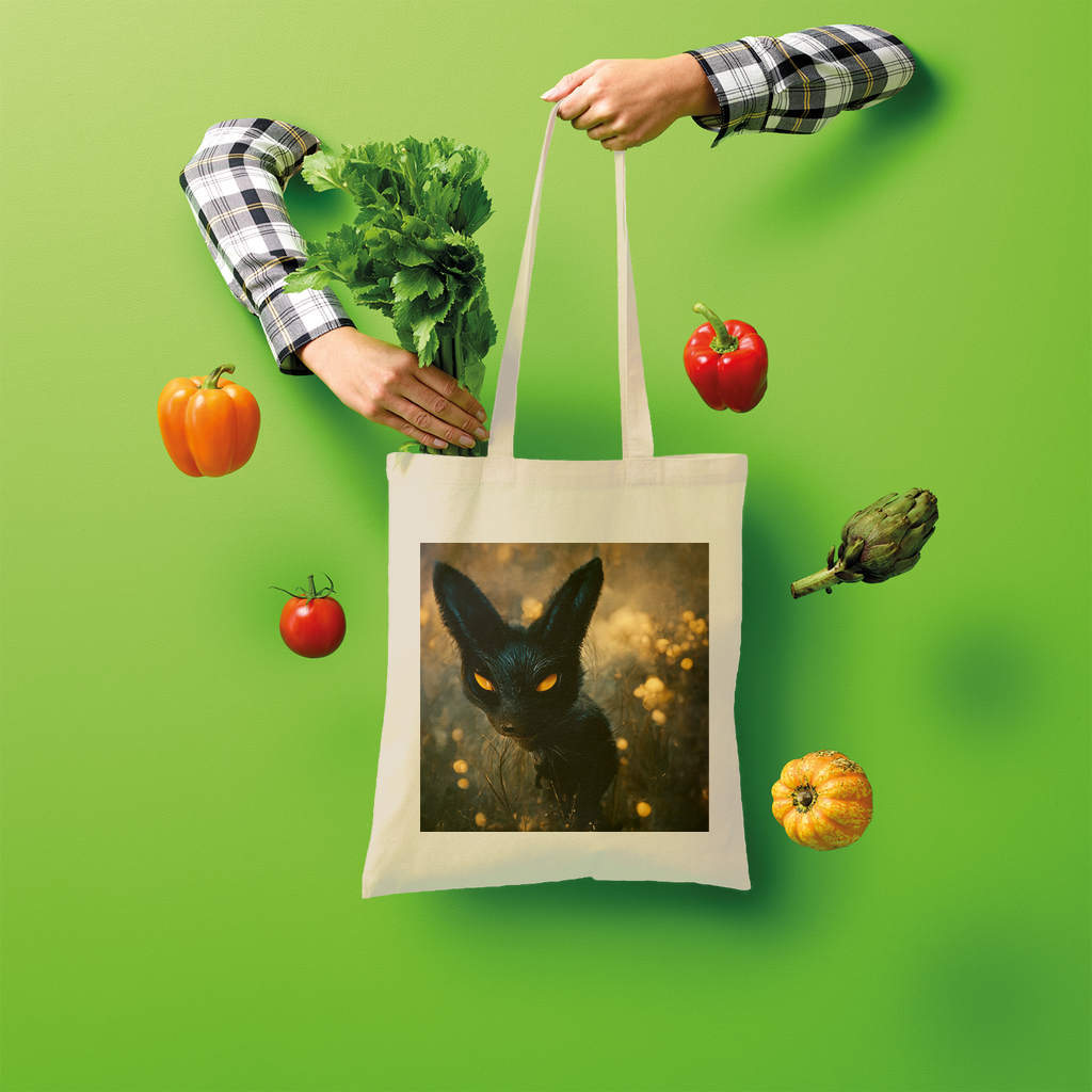 Black and orange kitty cat design tote bag made of 100% cotton, perfect for shopping and eco-friendly use.