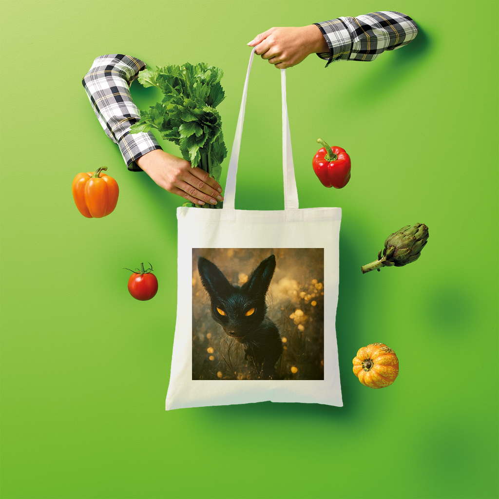 Black and orange kitty cat design tote bag made of 100% cotton, perfect for shopping and eco-friendly use.