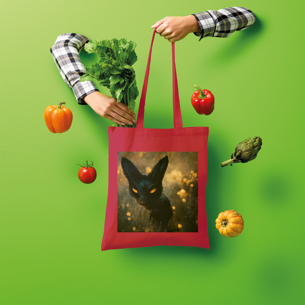 Black and orange kitty cat design tote bag made of 100% cotton, perfect for shopping and eco-friendly use.