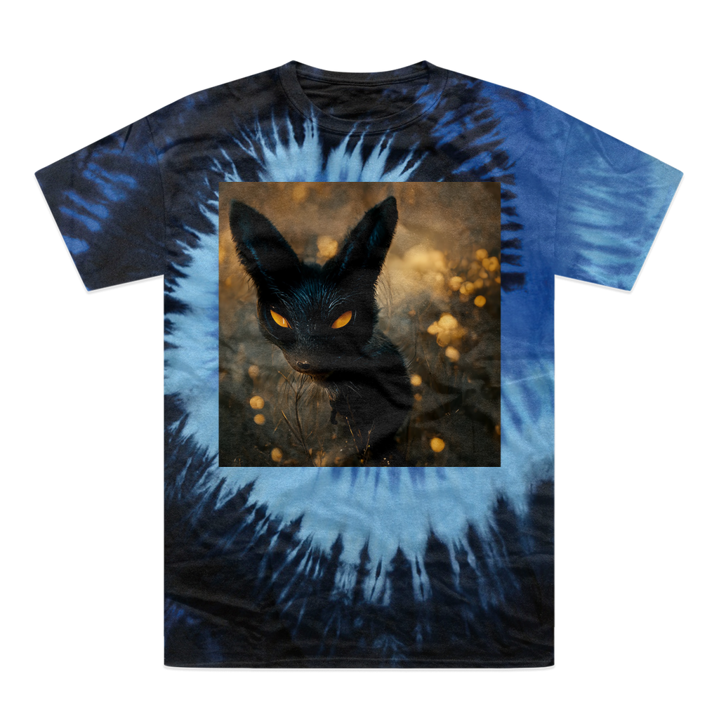 Black and orange tie-dye t-shirt featuring a kitty cat design, showcasing vibrant colors and a comfortable fit.