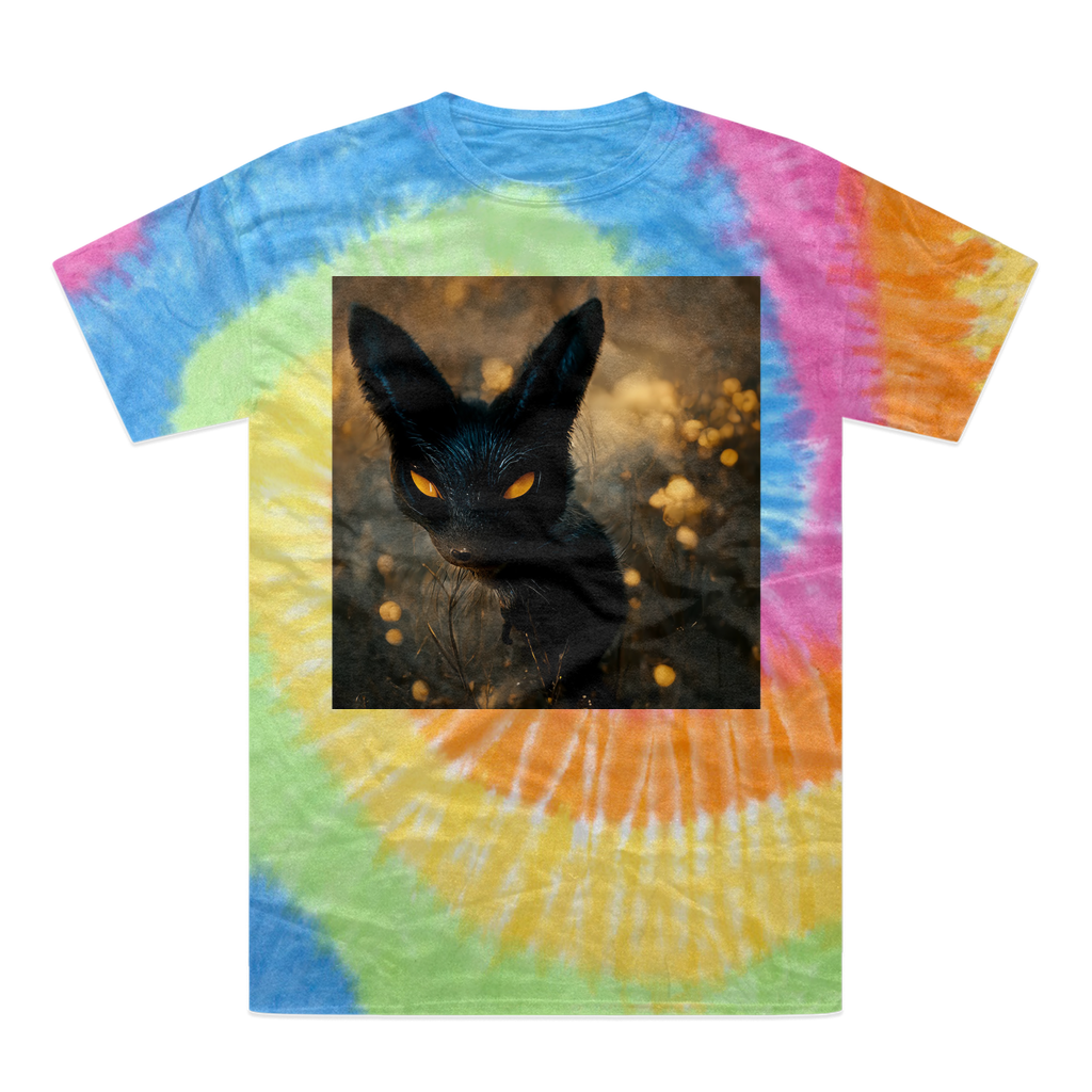 Black and orange tie-dye t-shirt featuring a kitty cat design, showcasing vibrant colors and a comfortable fit.