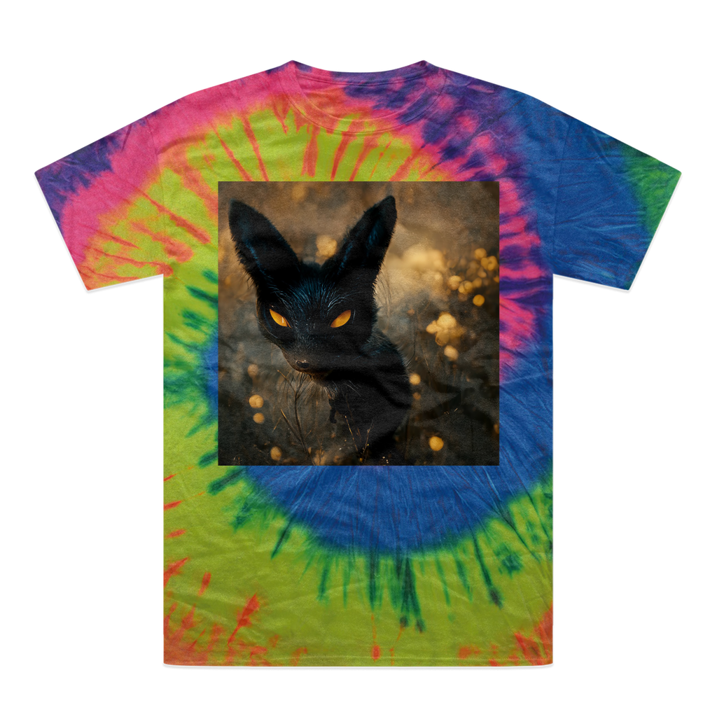 Black and orange tie-dye t-shirt featuring a kitty cat design, showcasing vibrant colors and a comfortable fit.