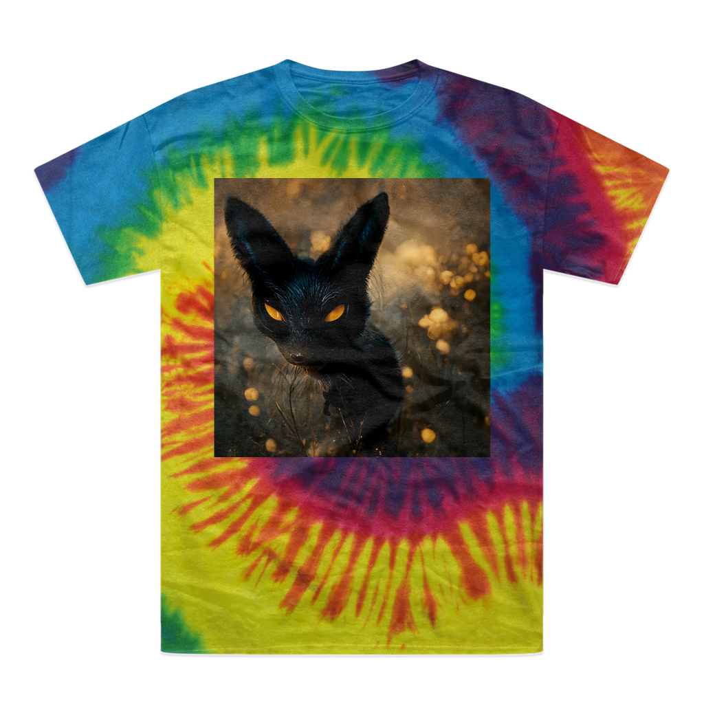 Black and orange tie-dye t-shirt featuring a kitty cat design, showcasing vibrant colors and a comfortable fit.