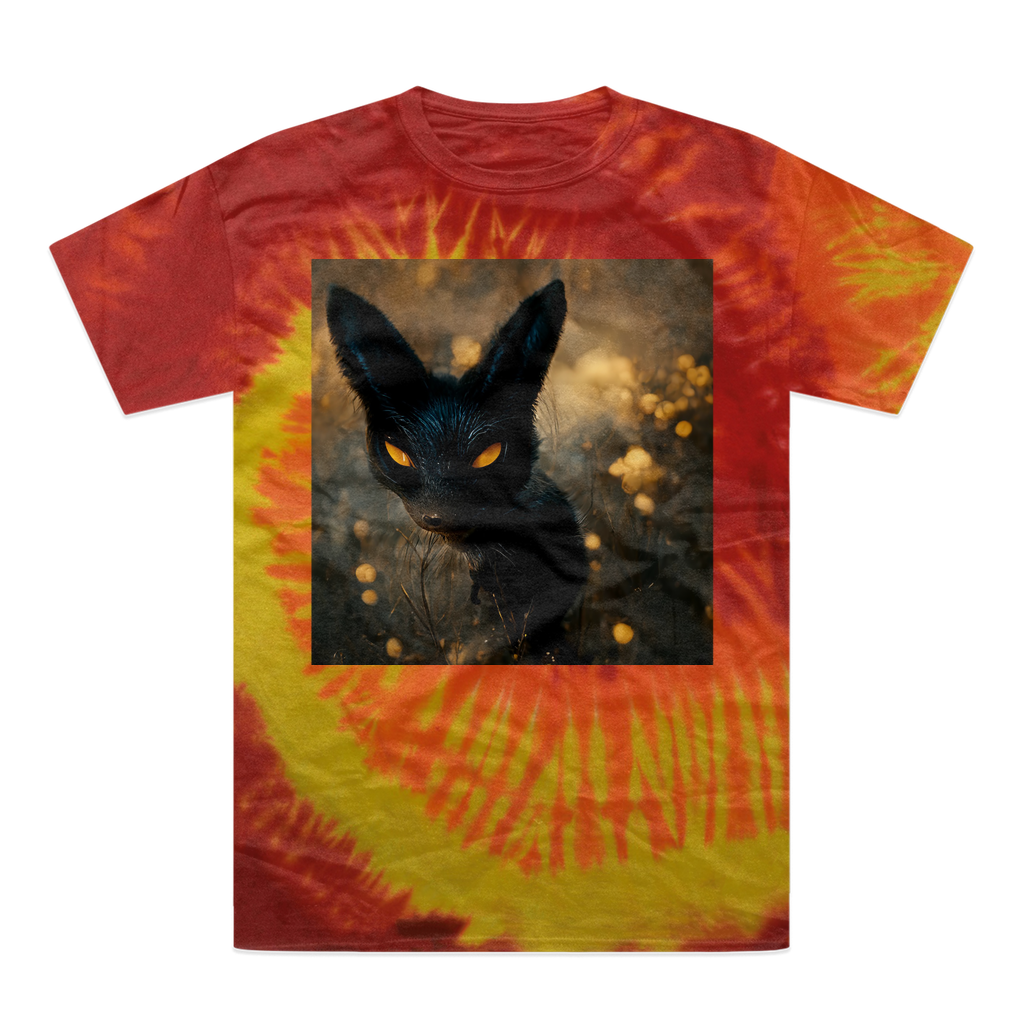 Black and orange tie-dye t-shirt featuring a kitty cat design, showcasing vibrant colors and a comfortable fit.