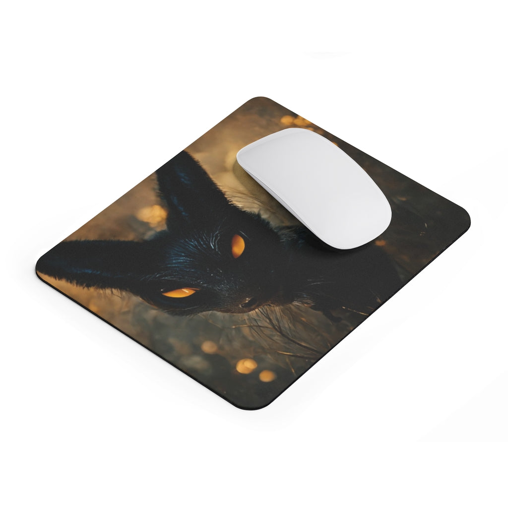 Black and orange kitty mouse pad featuring a playful cat design, made of durable neoprene with a non-slip base.