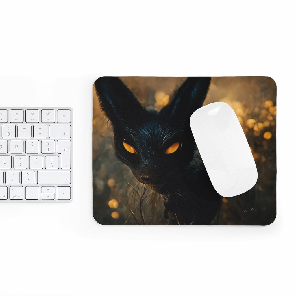 Black and orange kitty mouse pad featuring a playful cat design, made of durable neoprene with a non-slip base.