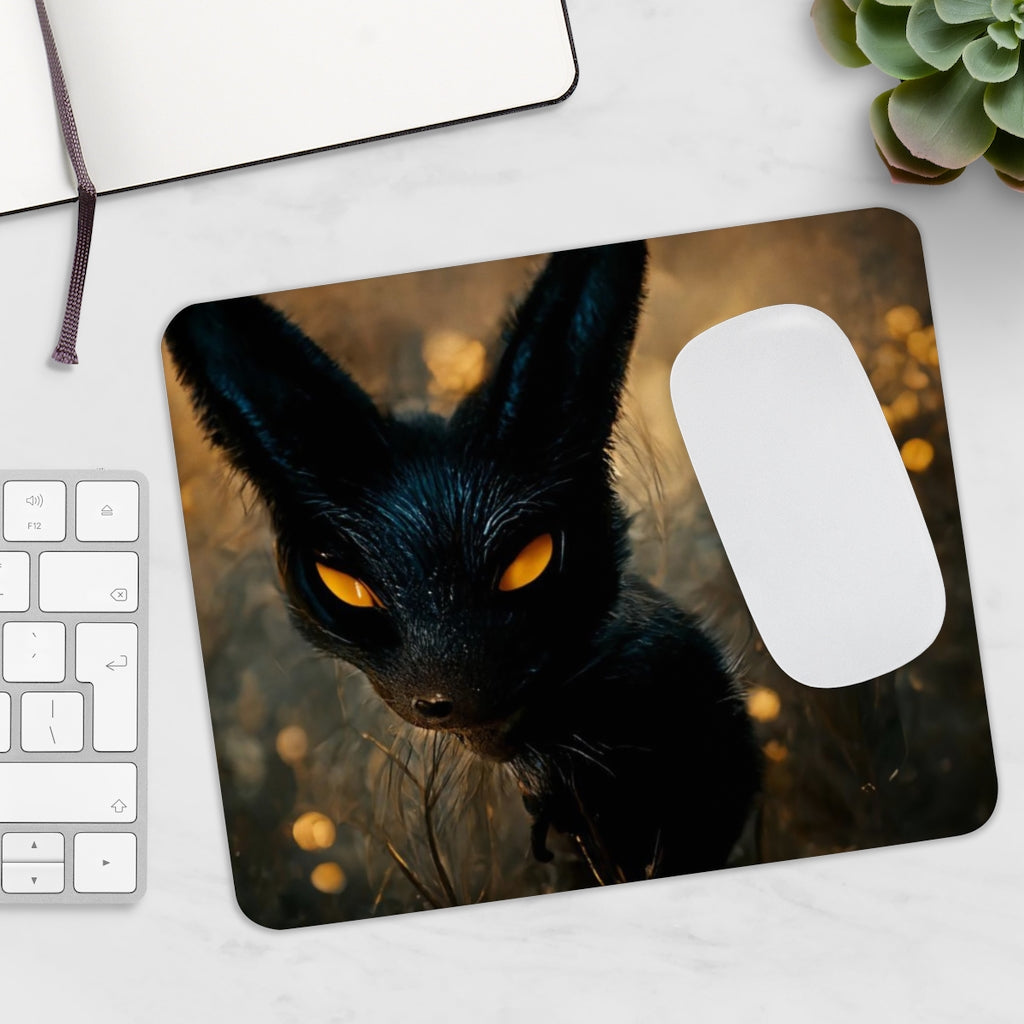 Black and orange kitty mouse pad featuring a playful cat design, made of durable neoprene with a non-slip base.