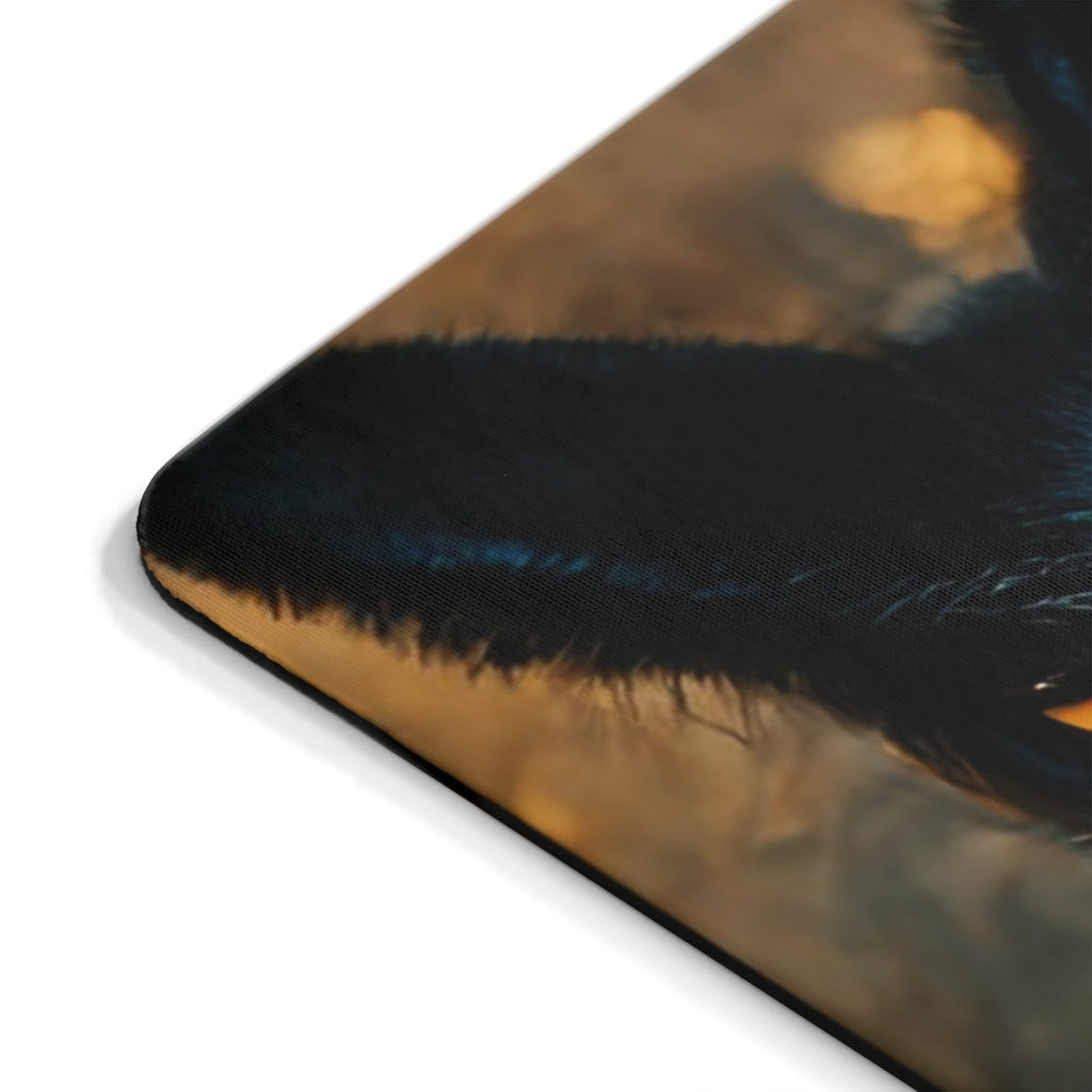 Black and orange kitty mouse pad featuring a playful cat design, made of durable neoprene with a non-slip base.