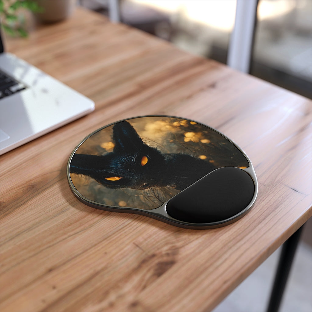 Black and orange kitty mouse pad with ergonomic wrist rest, featuring a customizable neoprene insert and a foot-shaped base.