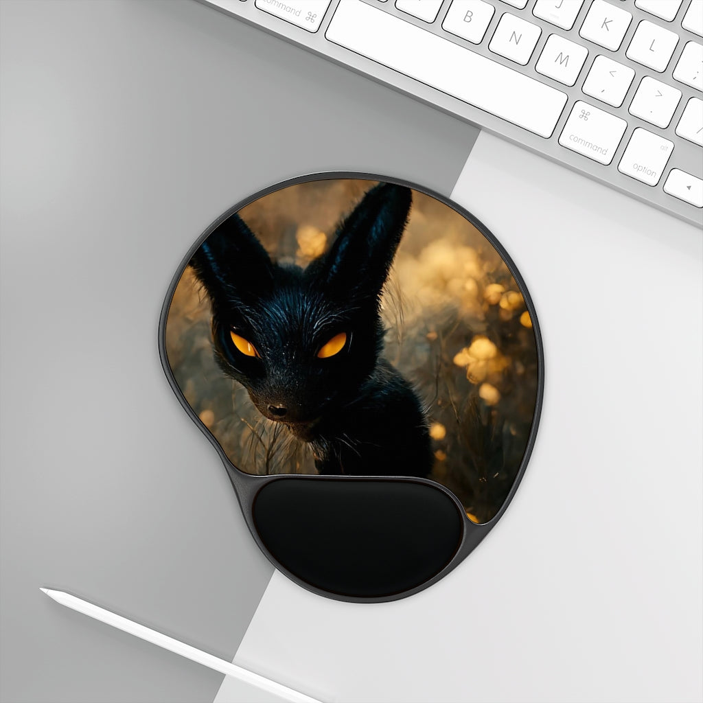 Black and orange kitty mouse pad with ergonomic wrist rest, featuring a customizable neoprene insert and a foot-shaped base.