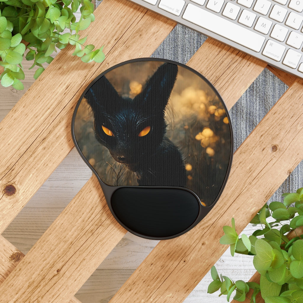 Black and orange kitty mouse pad with ergonomic wrist rest, featuring a customizable neoprene insert and a foot-shaped base.