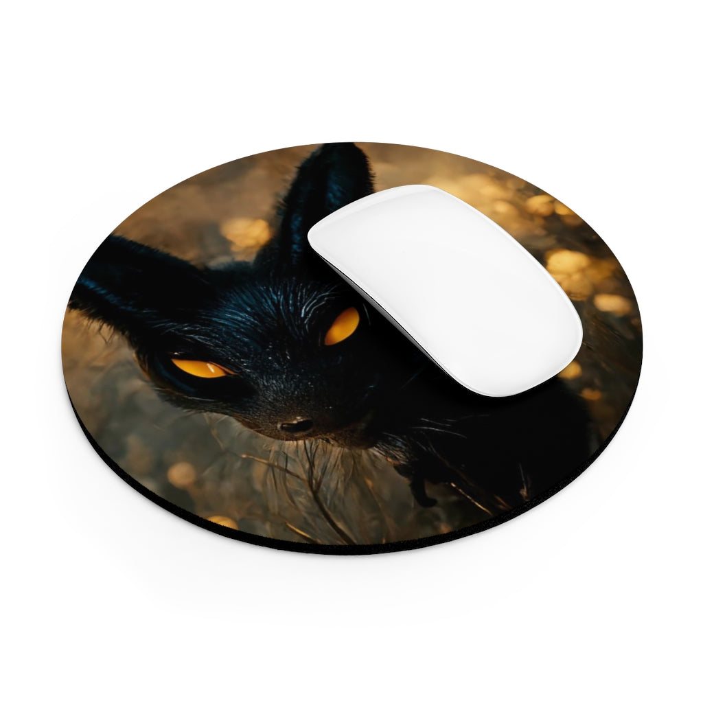 Black and orange kitty mouse pad with a non-slip rubber bottom, available in round and rectangular shapes, featuring a vibrant design.