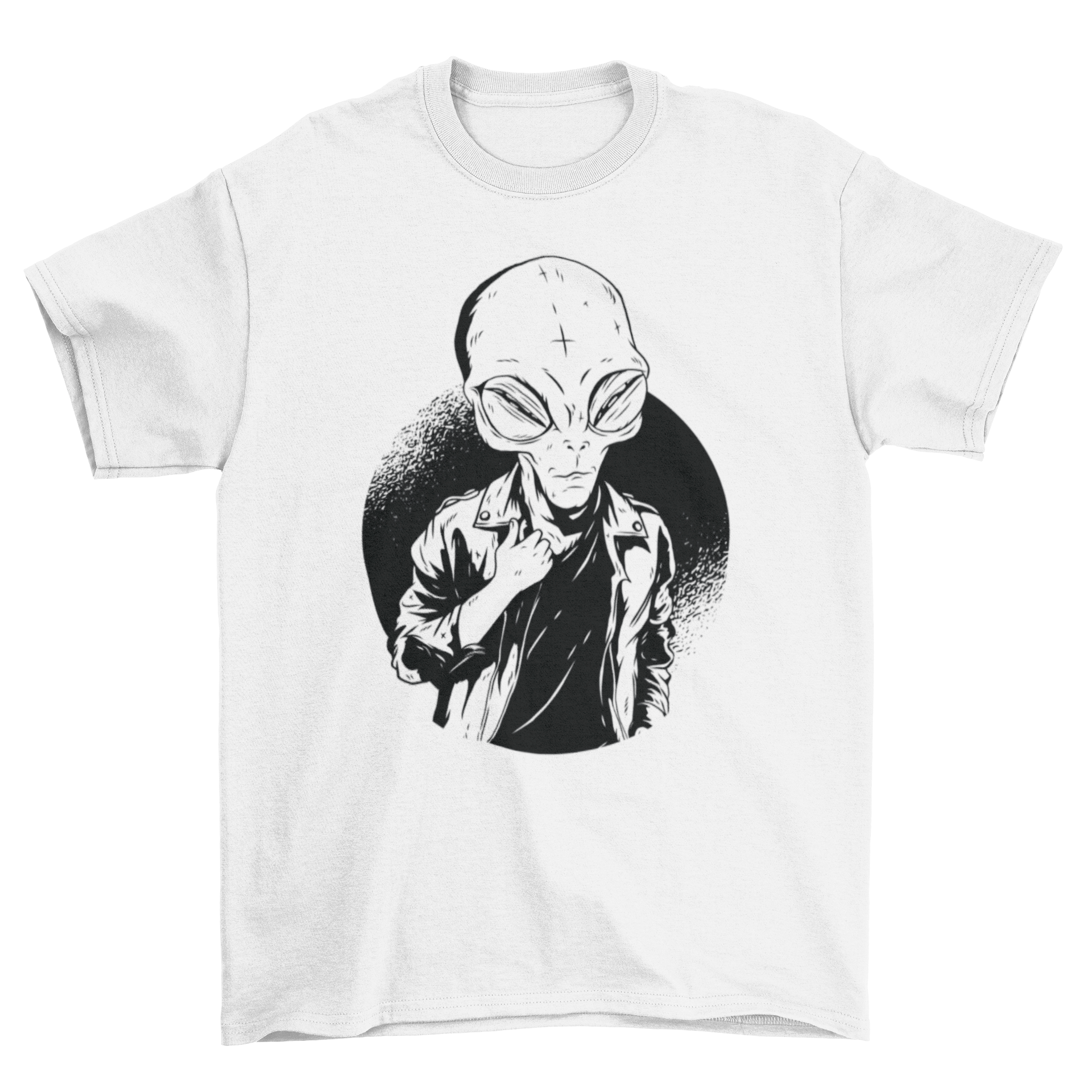 A stylish black and white t-shirt featuring a graphic of an alien wearing a t-shirt, perfect for casual wear.