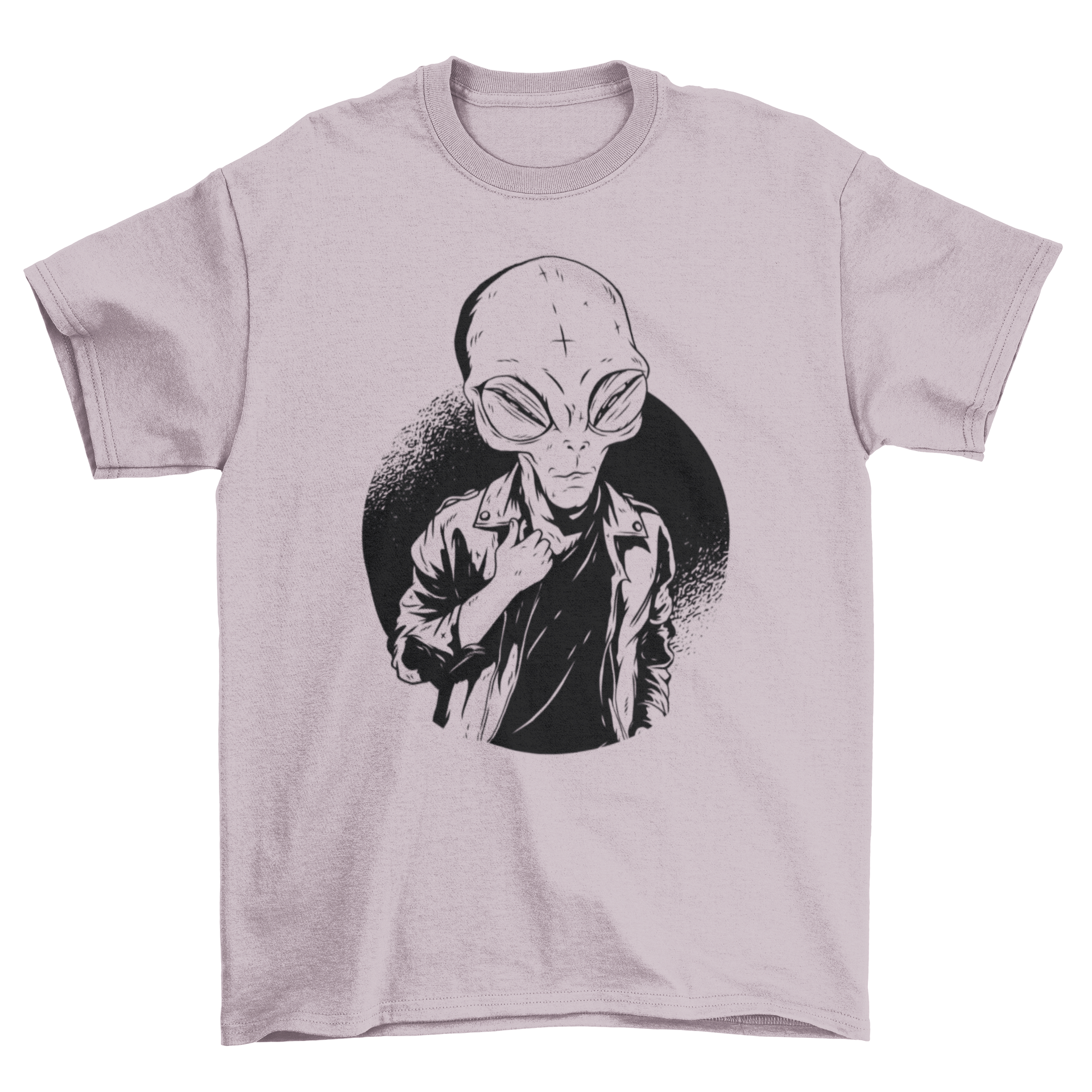 A stylish black and white t-shirt featuring a graphic of an alien wearing a t-shirt, perfect for casual wear.