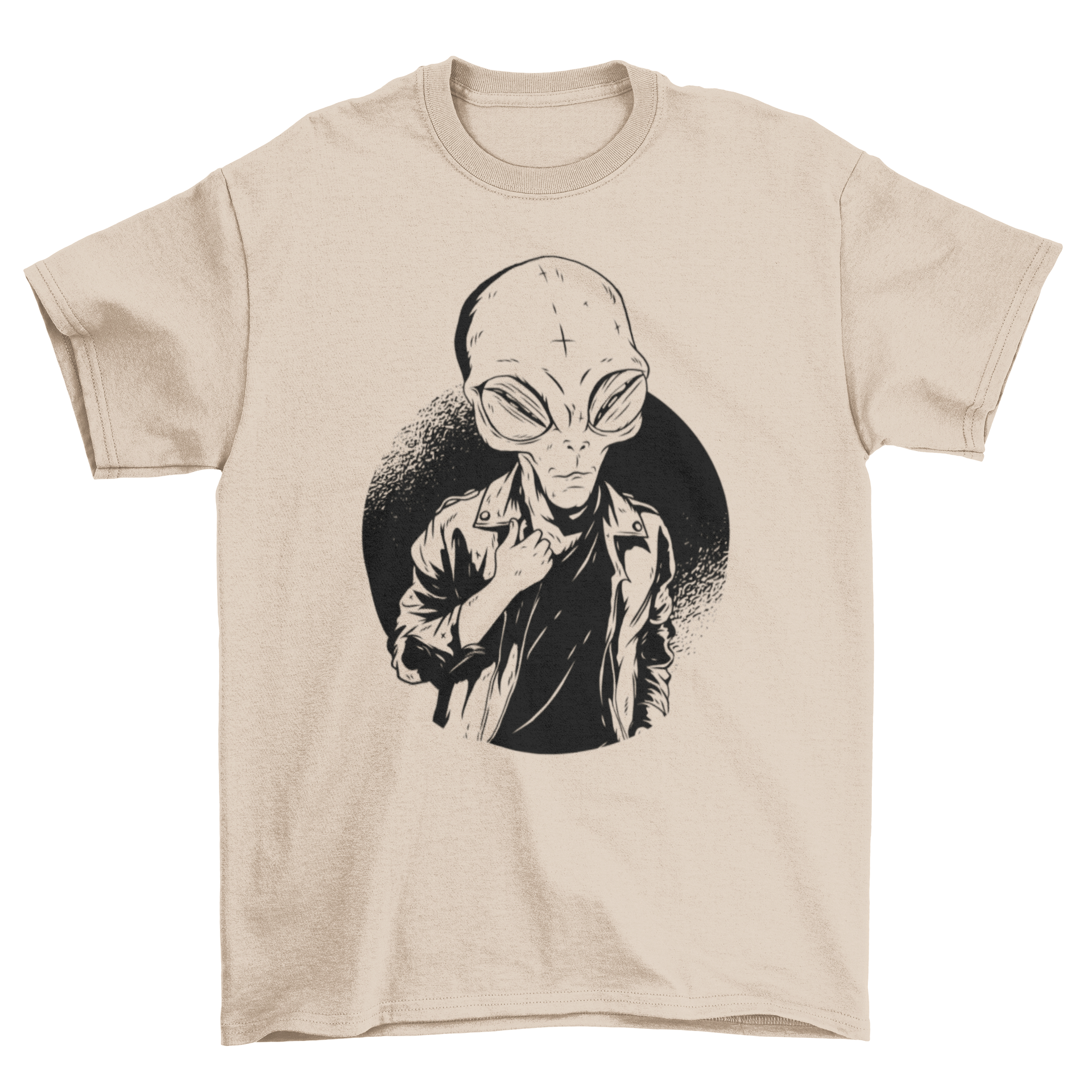 A stylish black and white t-shirt featuring a graphic of an alien wearing a t-shirt, perfect for casual wear.