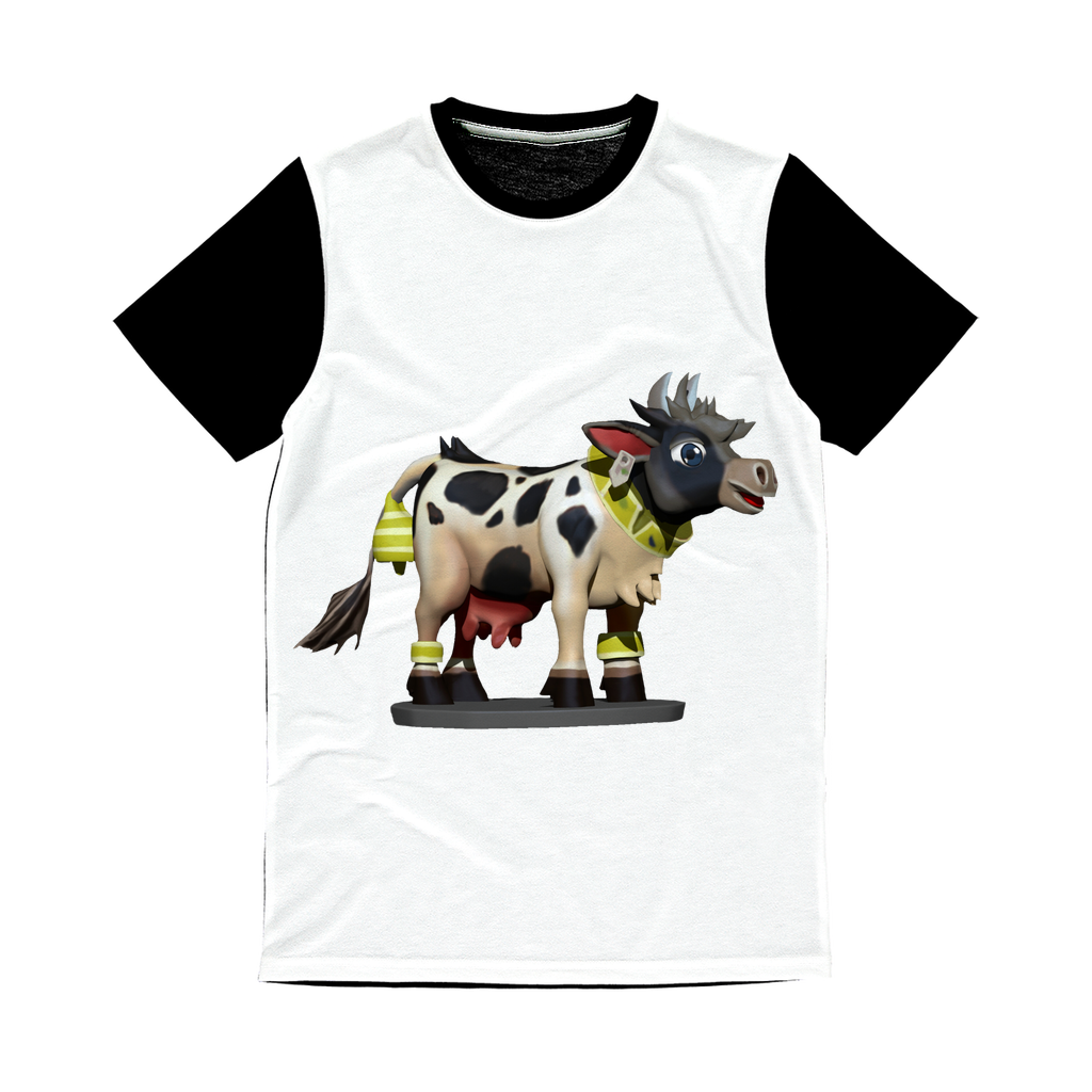 Black and White Cow Classic Sublimation Panel T-Shirt featuring a vibrant front design and plain black back, ideal for sublimation printing.