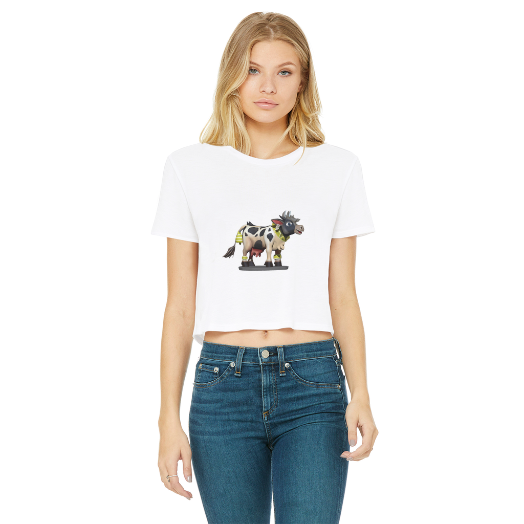 Black and white cropped t-shirt featuring a cow print design, short sleeves, and a raw edge hem, perfect for casual wear.